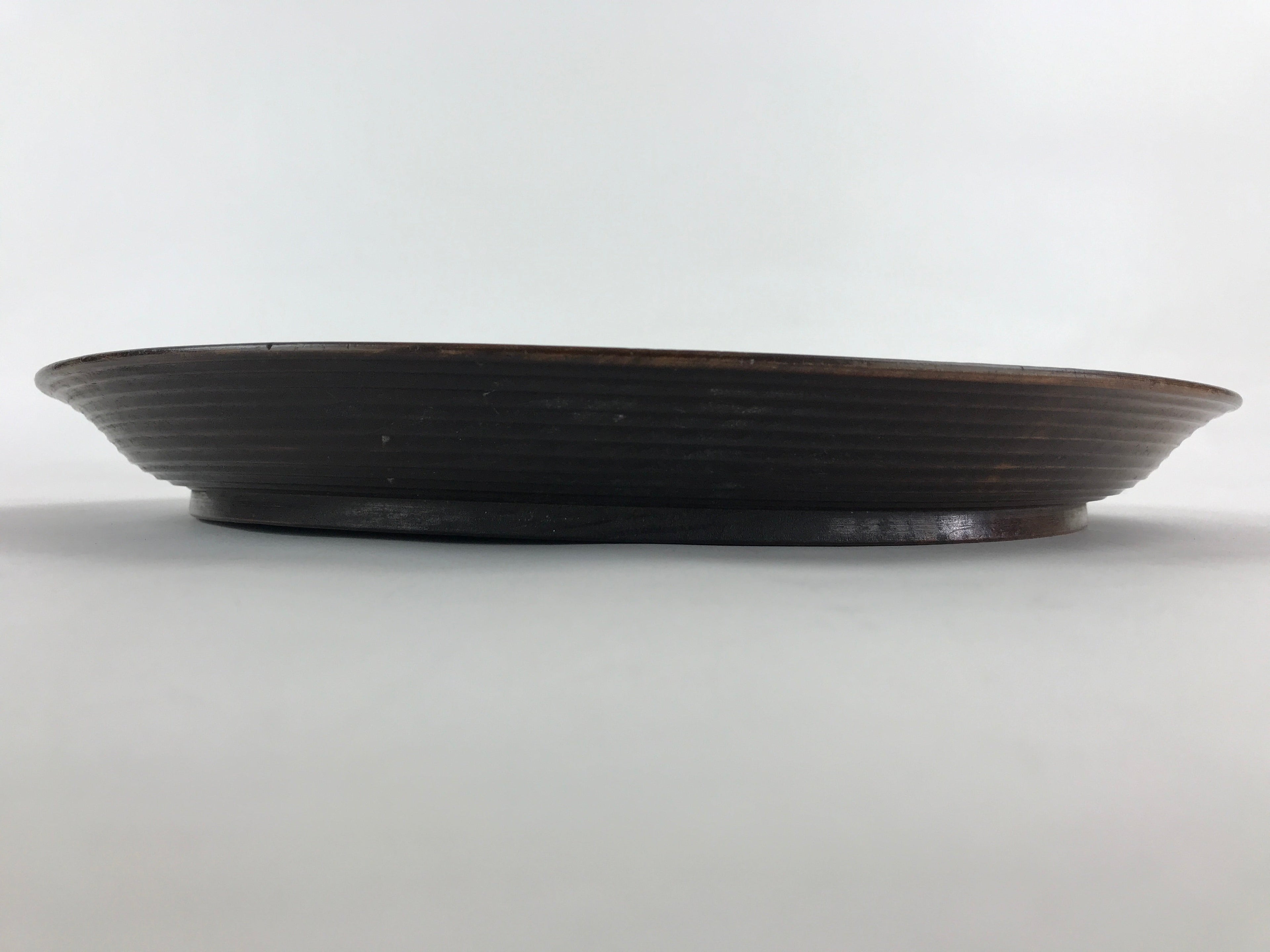 Japanese Wooden Serving Tray Vtg Obon Dark Brown Round Carved Lines UR886