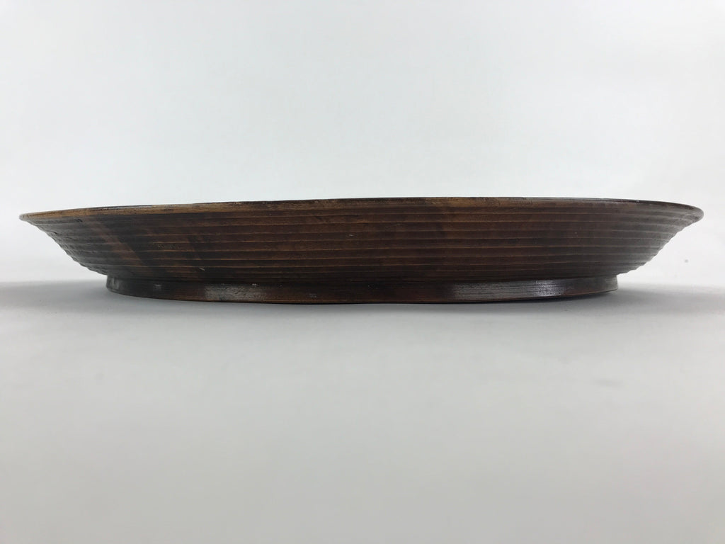 Japanese Wooden Serving Tray Vtg Obon Dark Brown Round Carved Lines UR886