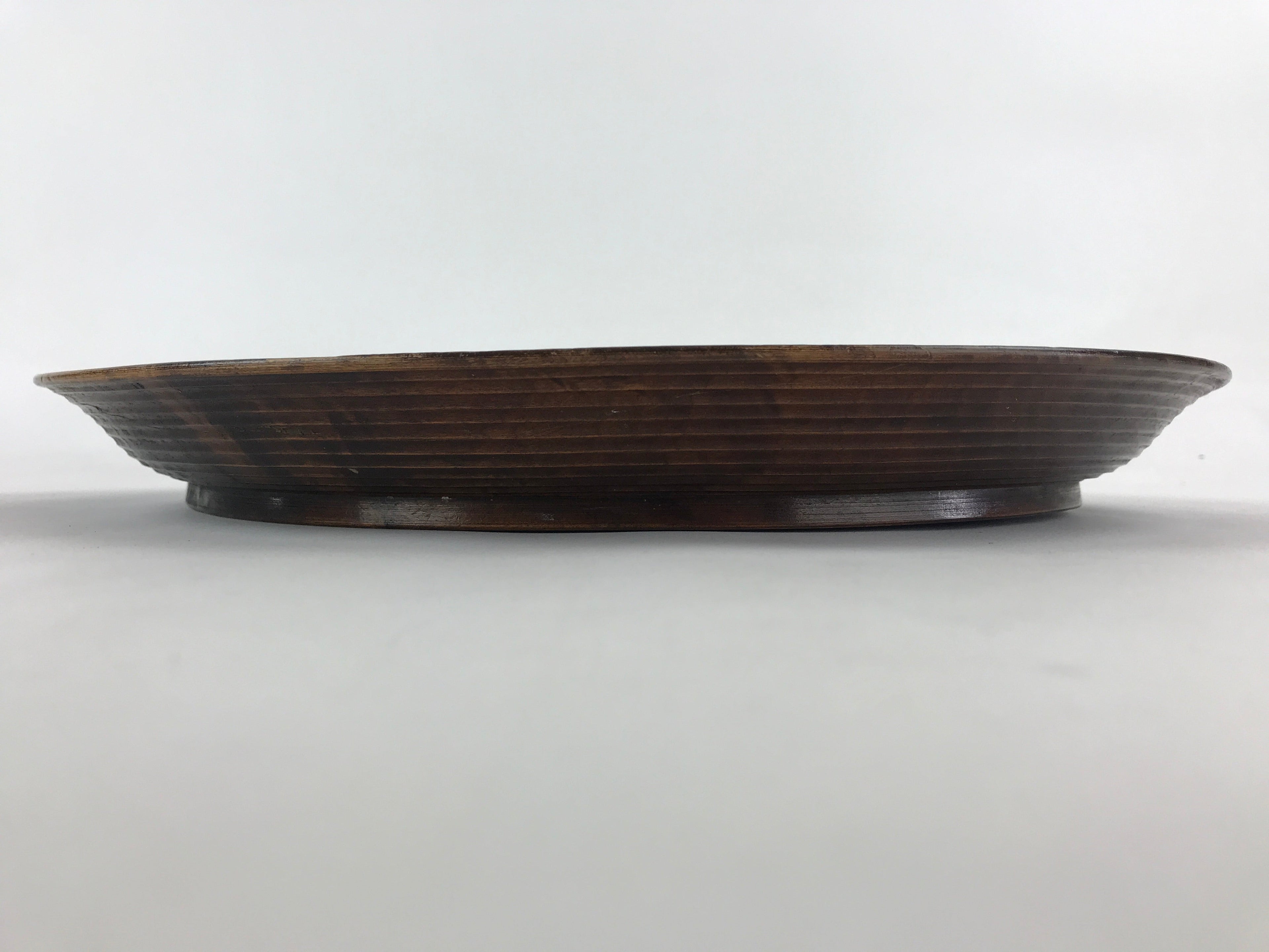 Japanese Wooden Serving Tray Vtg Obon Dark Brown Round Carved Lines UR886