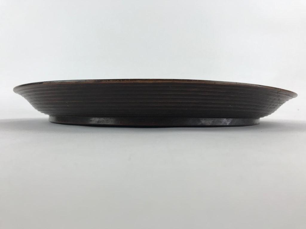 Japanese Wooden Serving Tray Vtg Obon Dark Brown Round Carved Lines UR886