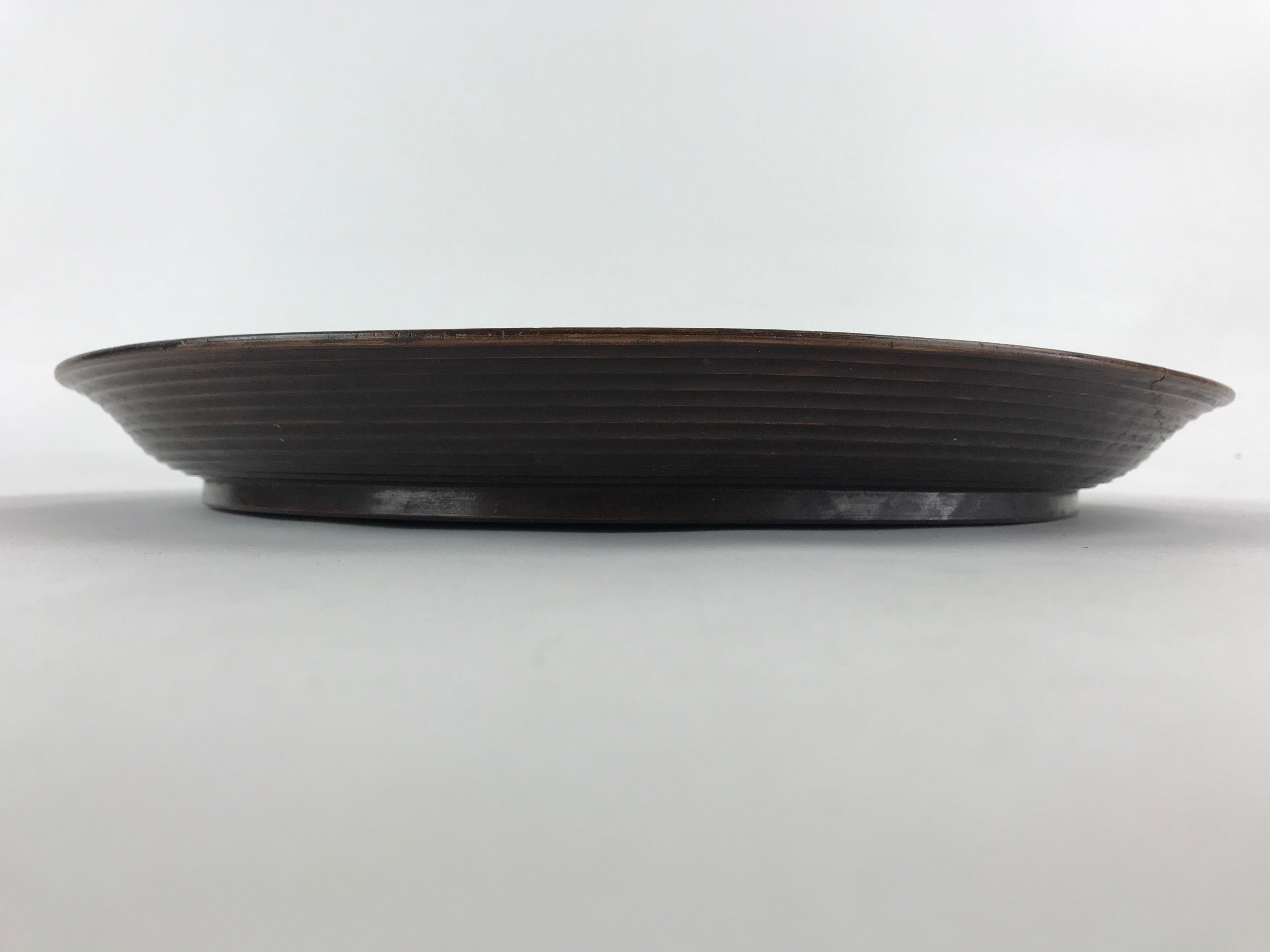 Japanese Wooden Serving Tray Vtg Obon Dark Brown Round Carved Lines UR886