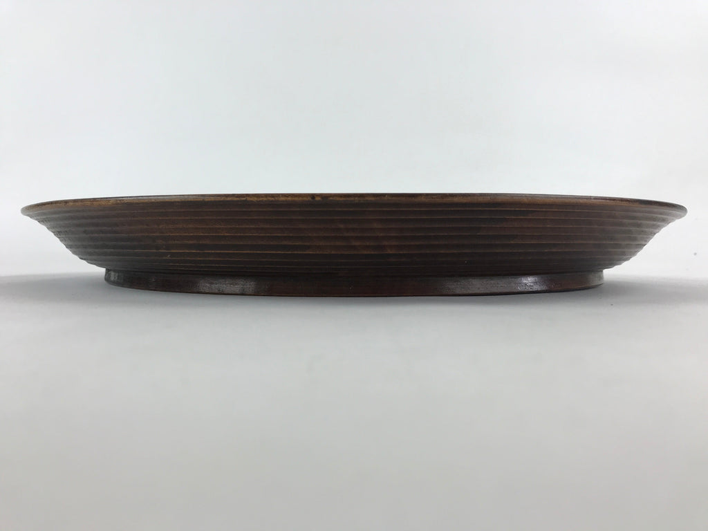 Japanese Wooden Serving Tray Vtg Obon Dark Brown Round Carved Lines UR886