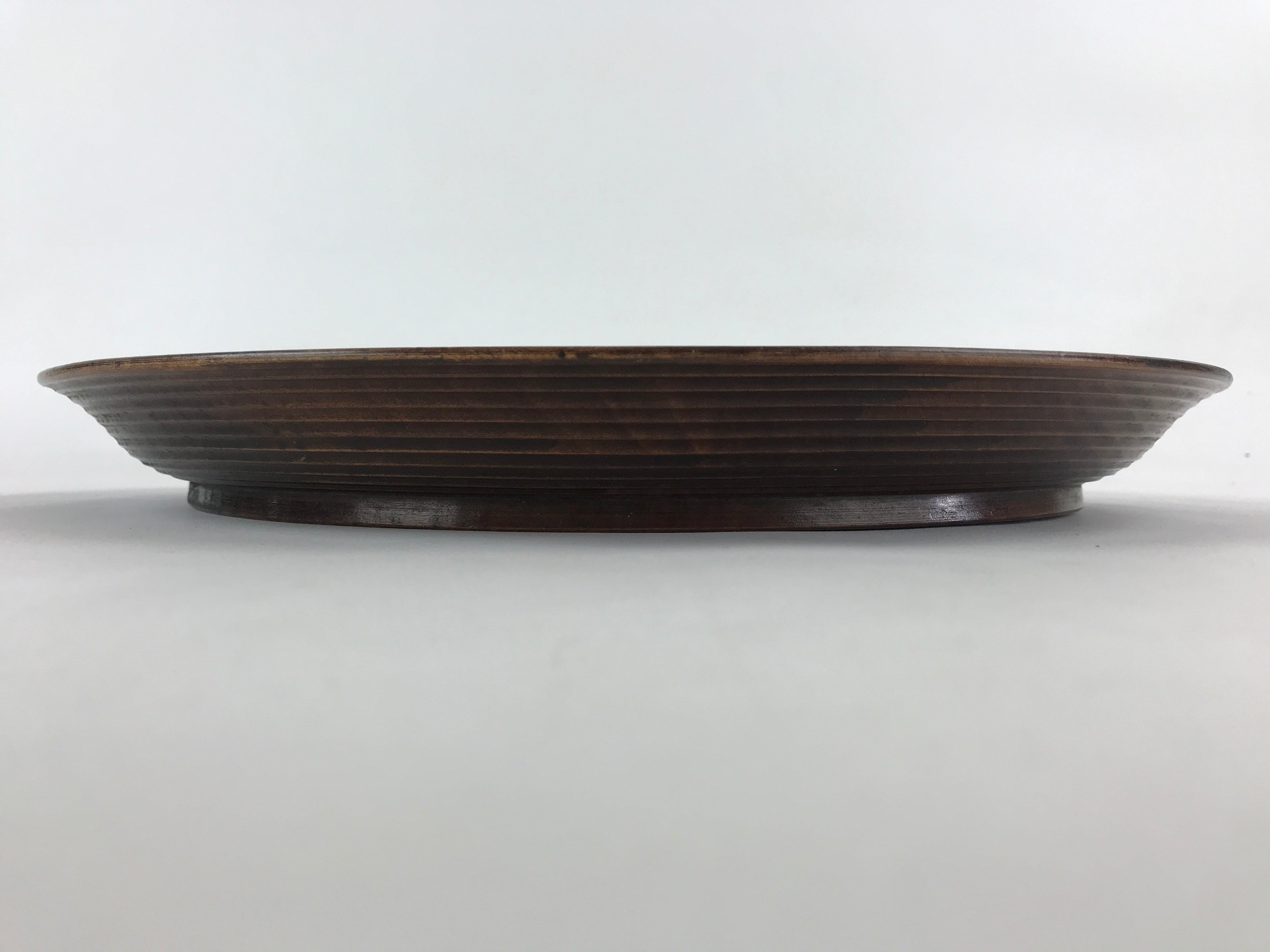 Japanese Wooden Serving Tray Vtg Obon Dark Brown Round Carved Lines UR886