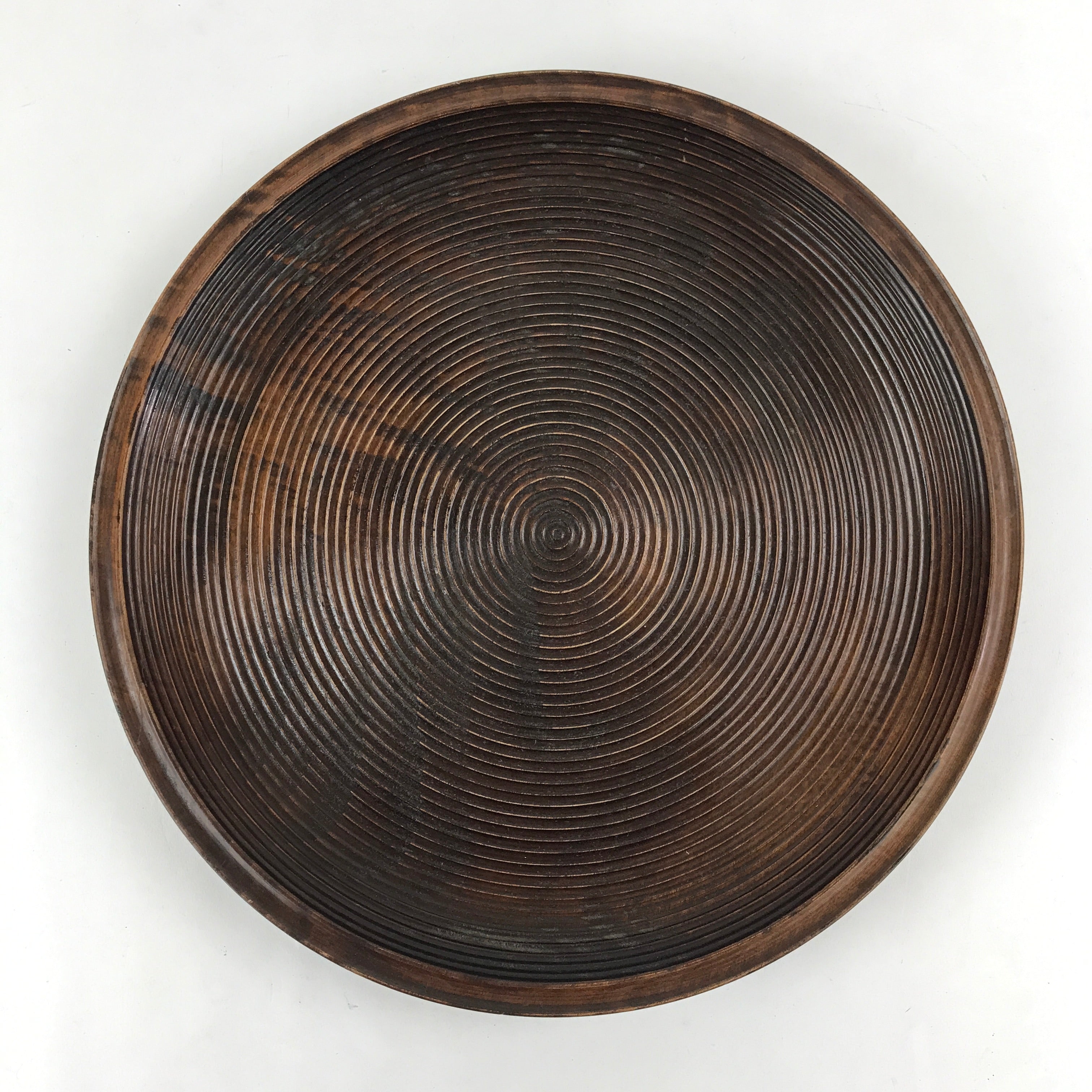 Japanese Wooden Serving Tray Vtg Obon Dark Brown Round Carved Lines UR886