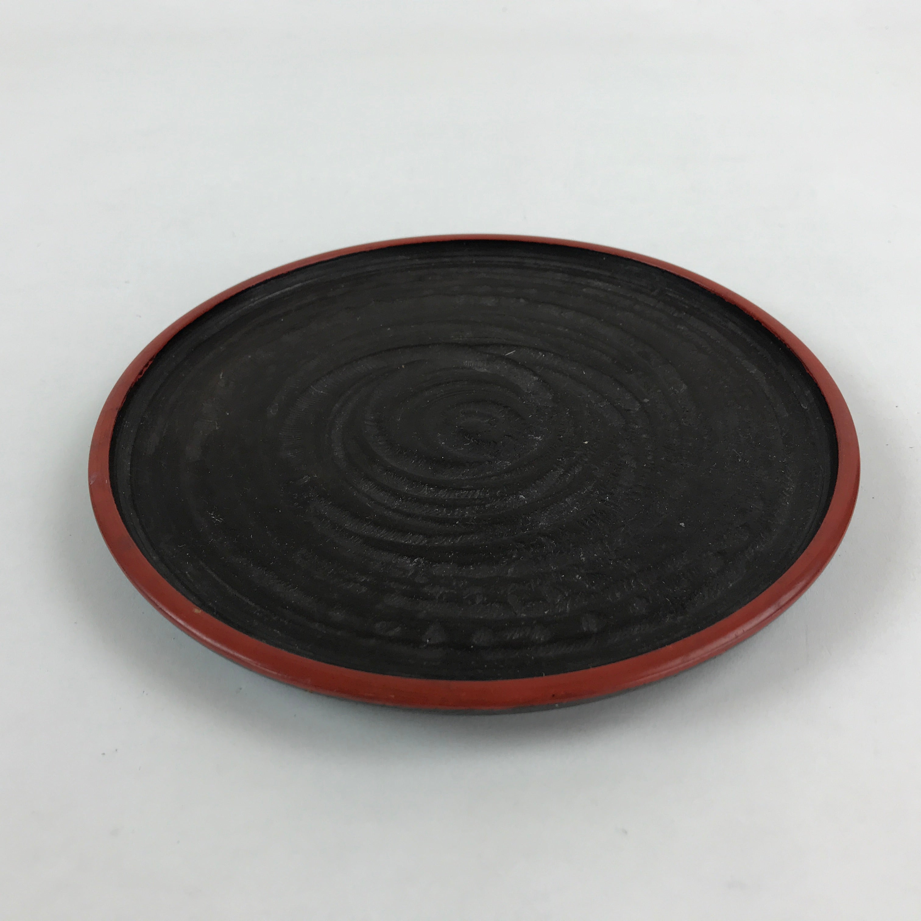Japanese Wooden Serving Tray Vtg Obon Small Round Carved Swirl Red Black UR959