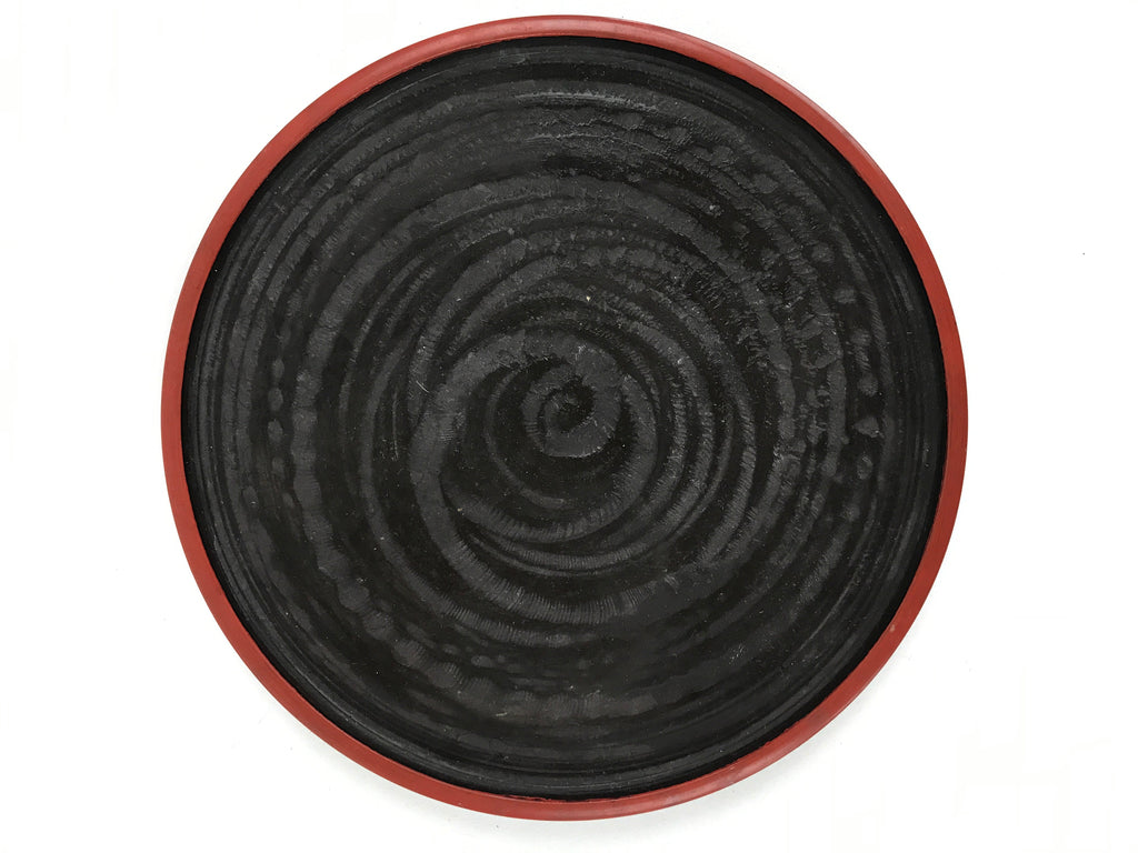Japanese Wooden Serving Tray Vtg Obon Small Round Carved Swirl Red Black UR959