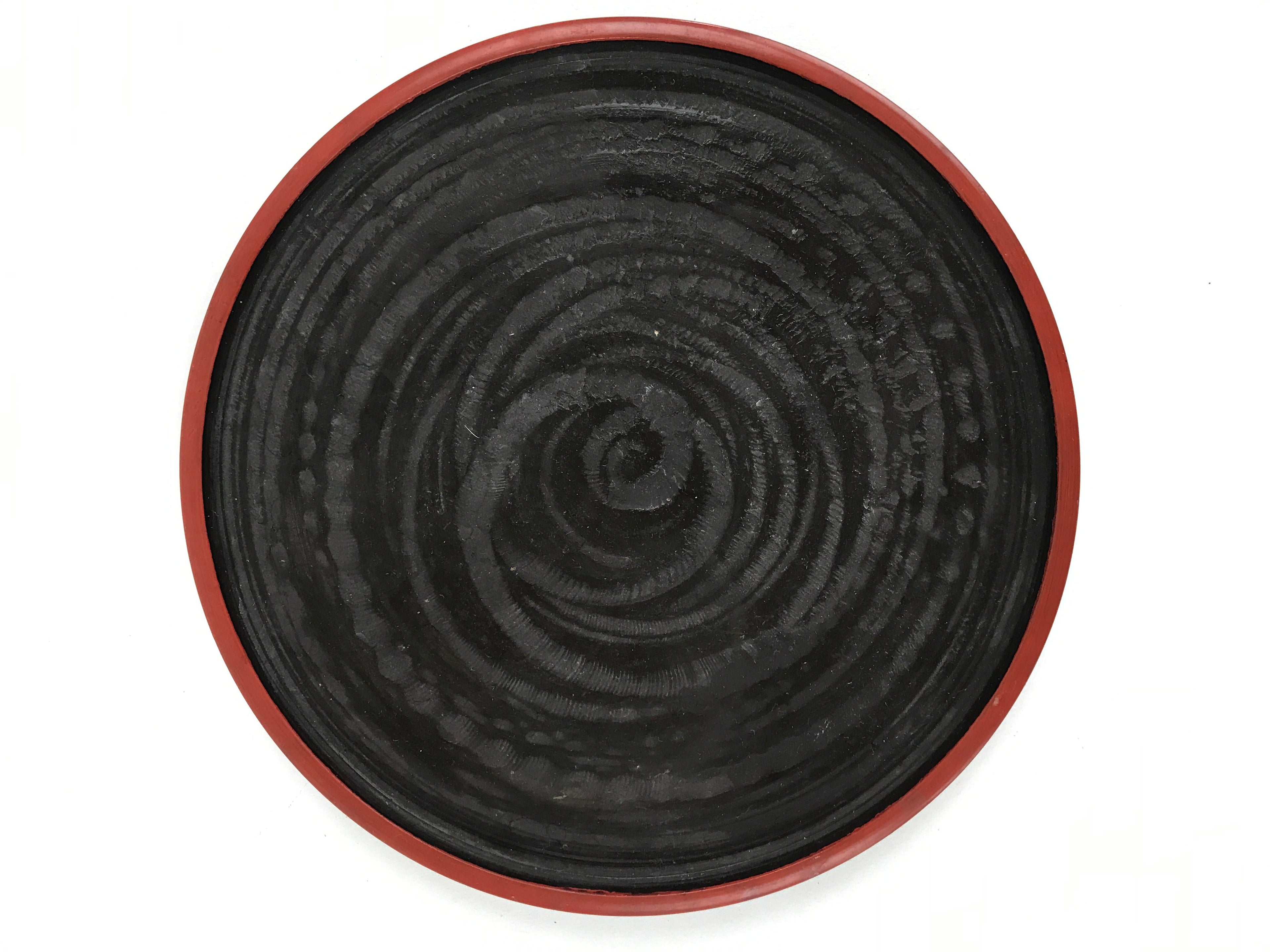 Japanese Wooden Serving Tray Vtg Obon Small Round Carved Swirl Red Black UR959