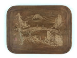 Japanese Wooden Serving Tray Vtg Small Obon Carved River Bridge Scenery UR993