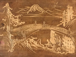 Japanese Wooden Serving Tray Vtg Small Obon Carved River Bridge Scenery UR993