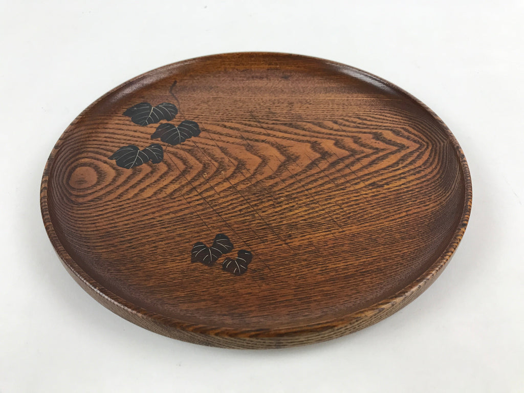 Japanese Wooden Serving Tray Vtg Small Round Obon Paulownia Leaves Brown UR994