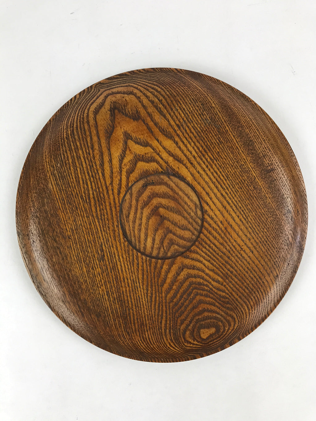 Japanese Wooden Serving Tray Vtg Small Round Obon Paulownia Leaves Brown UR994
