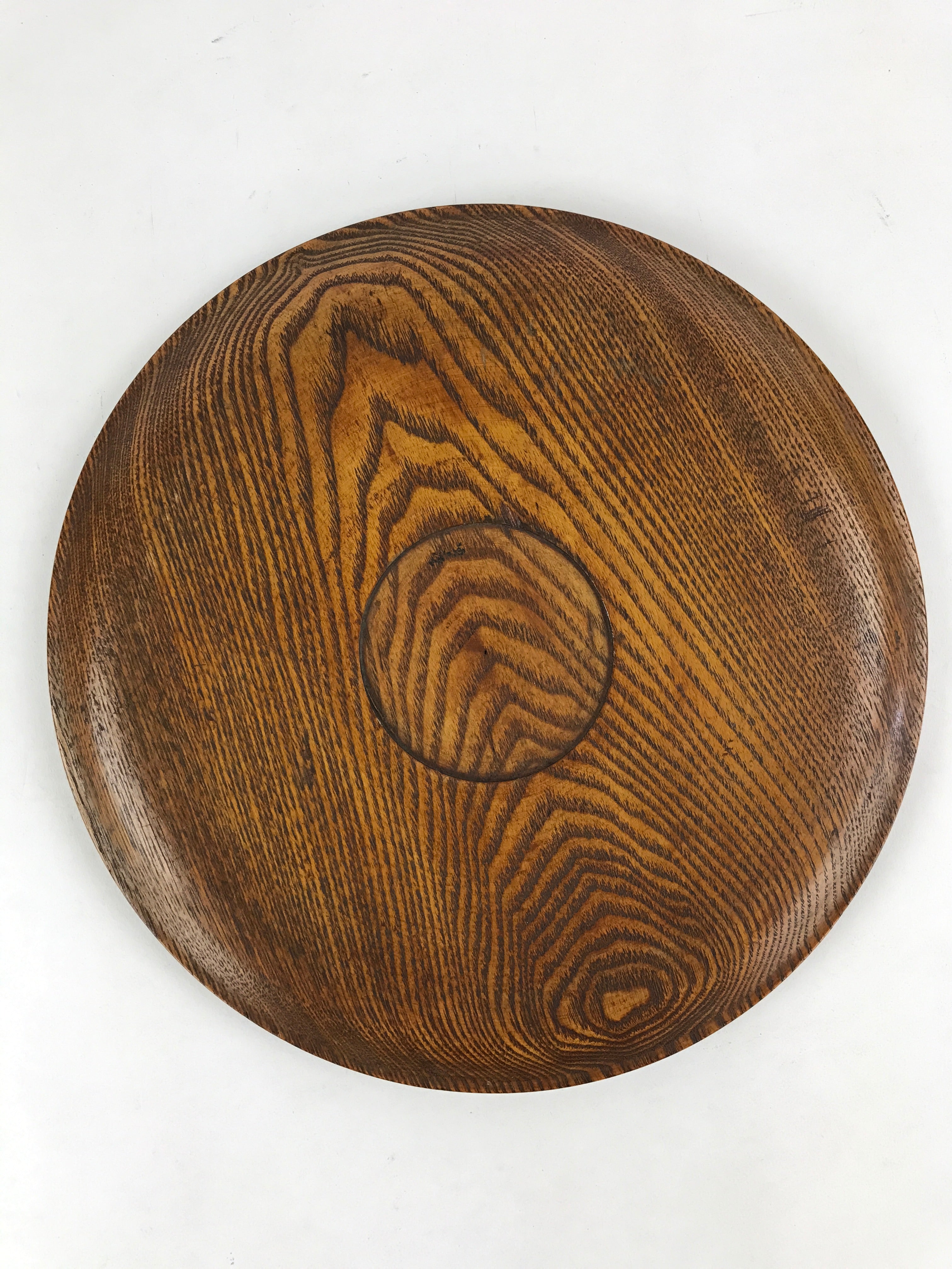 Japanese Wooden Serving Tray Vtg Small Round Obon Paulownia Leaves Brown UR994