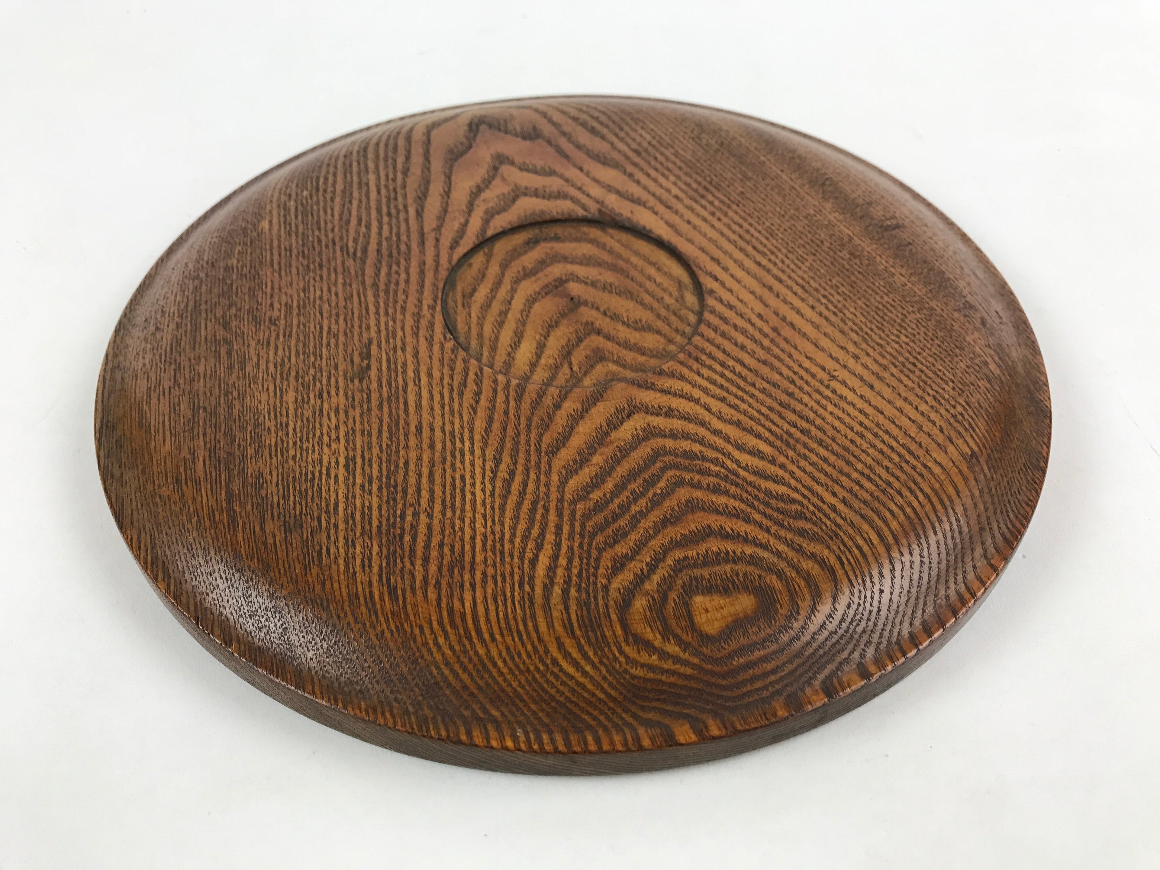 Japanese Wooden Serving Tray Vtg Small Round Obon Paulownia Leaves Brown UR994