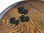 Japanese Wooden Serving Tray Vtg Small Round Obon Paulownia Leaves Brown UR994
