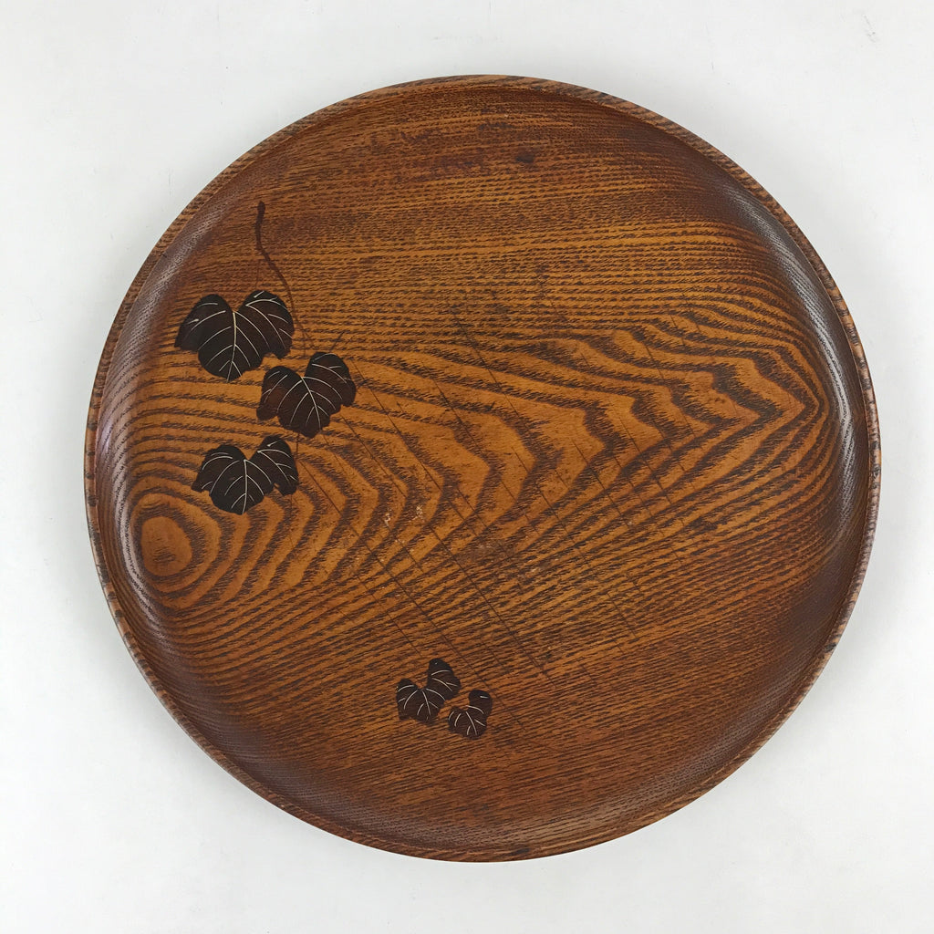 Japanese Wooden Serving Tray Vtg Small Round Obon Paulownia Leaves Brown UR994