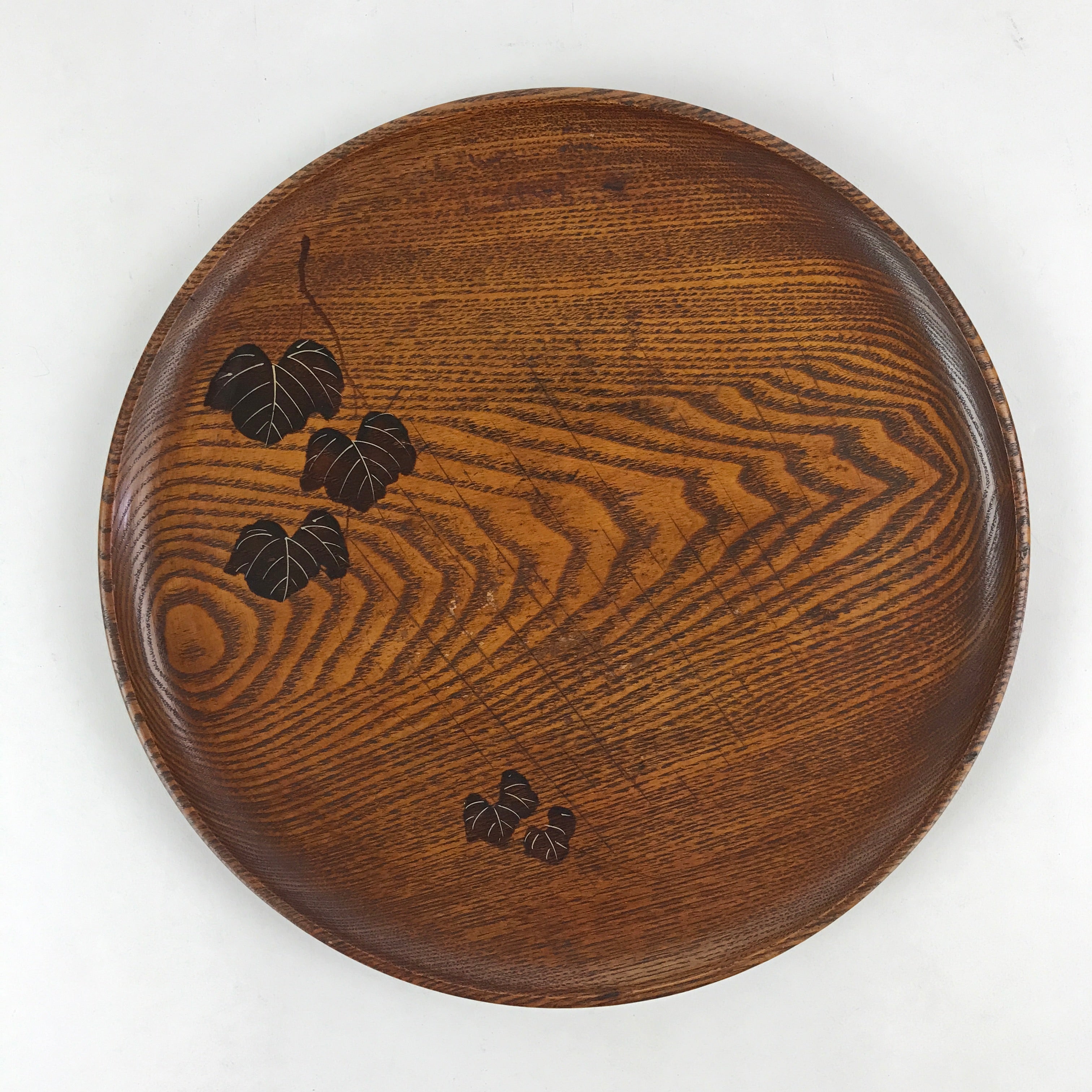 Japanese Wooden Serving Tray Vtg Small Round Obon Paulownia Leaves Brown UR994