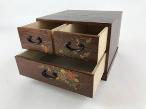 Japanese Wooden Sewing Box Haribako Vtg Tansu 3 Drawers Maki-e Flowers T344