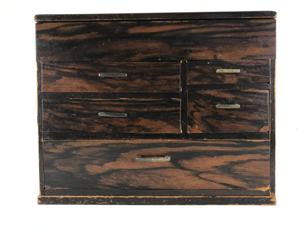 Japanese Wooden Sewing Box Haribako Vtg Tansu 5 Drawers Dark Brown T346
