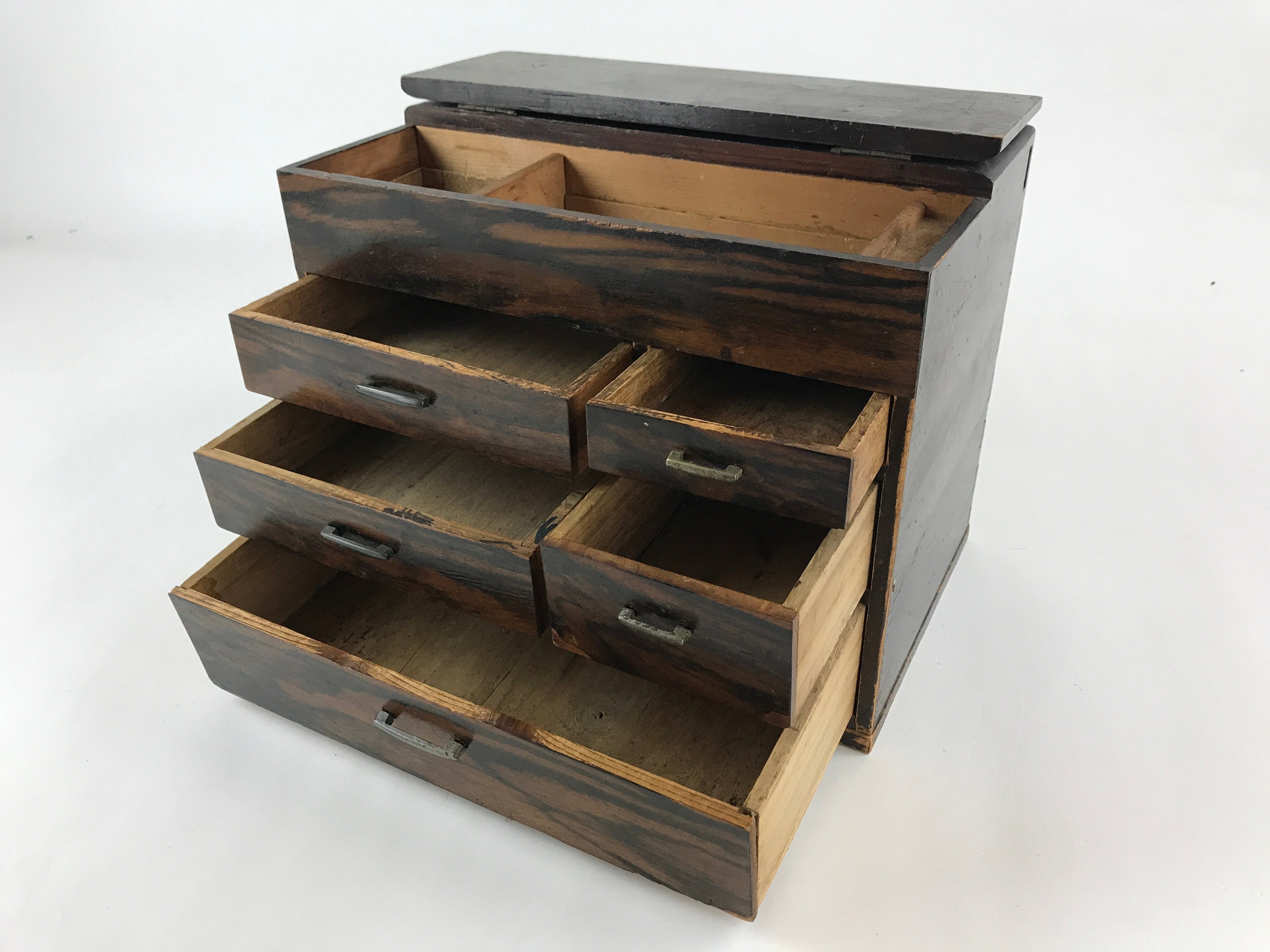 Japanese Wooden Sewing Box Haribako Vtg Tansu 5 Drawers Dark Brown T346