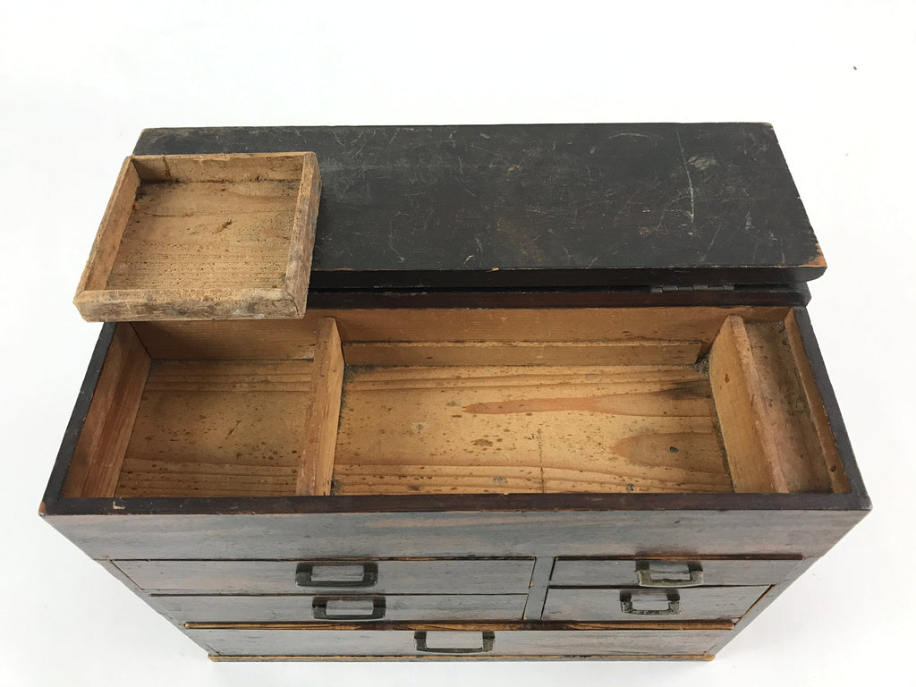 Japanese Wooden Sewing Box Haribako Vtg Tansu 5 Drawers Dark Brown T346