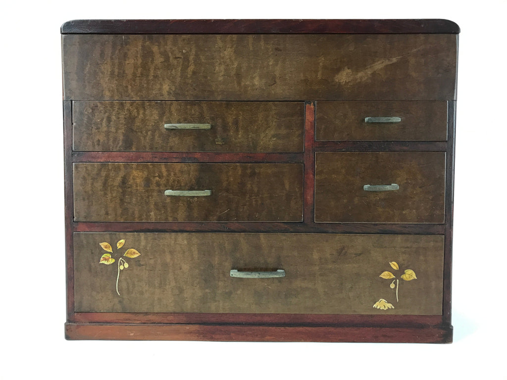 Japanese Wooden Sewing Box Haribako Vtg Tansu 5 Drawers Raden Dark Brown T361