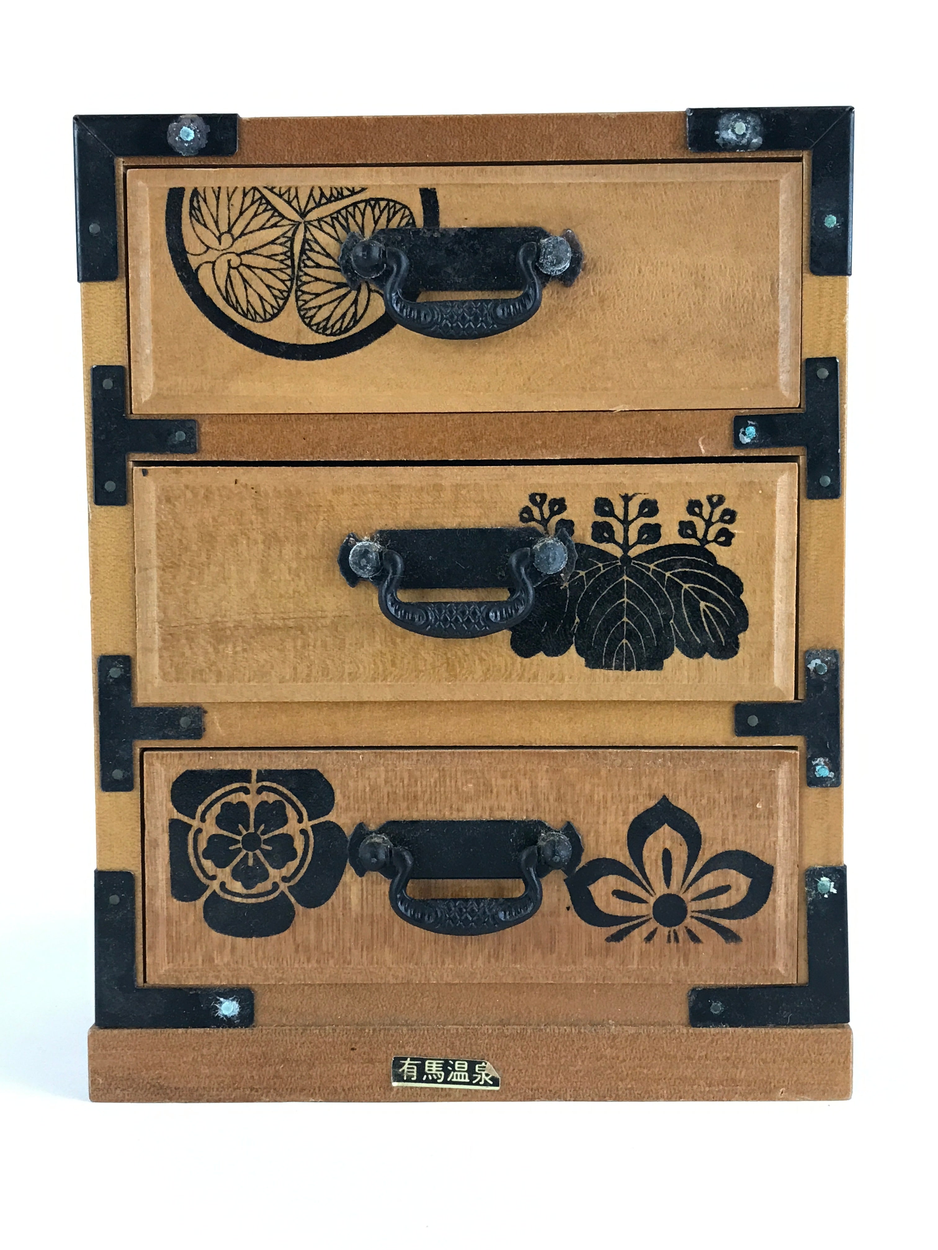 Japanese Wooden Sewing Box Haribako Vtg Tansu Chest 3 Drawers Family Crest T333
