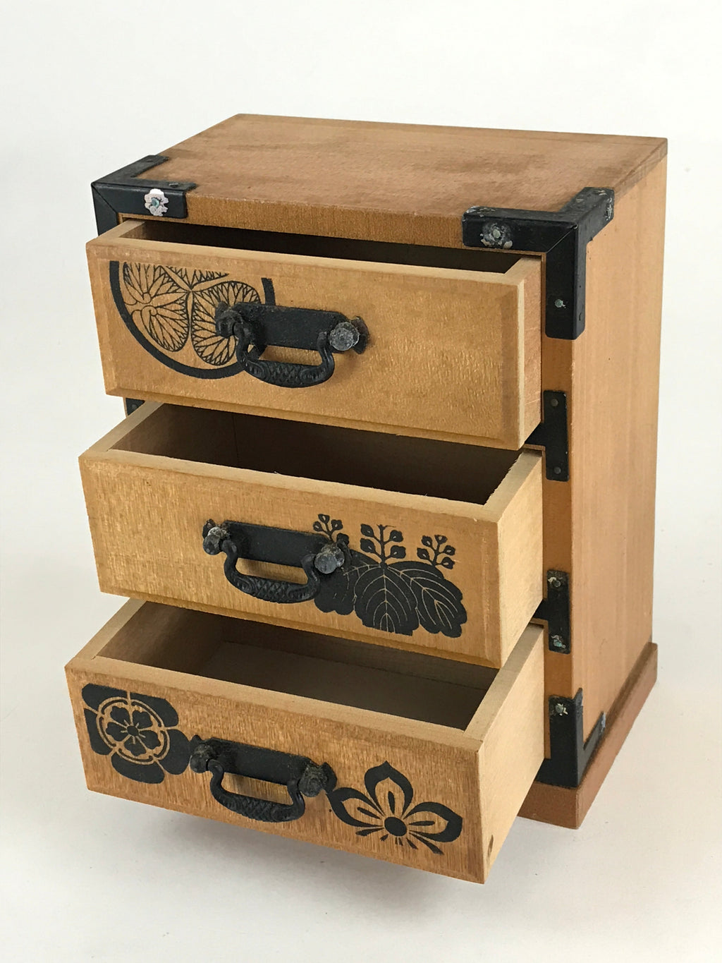 Japanese Wooden Sewing Box Haribako Vtg Tansu Chest 3 Drawers Family Crest T333