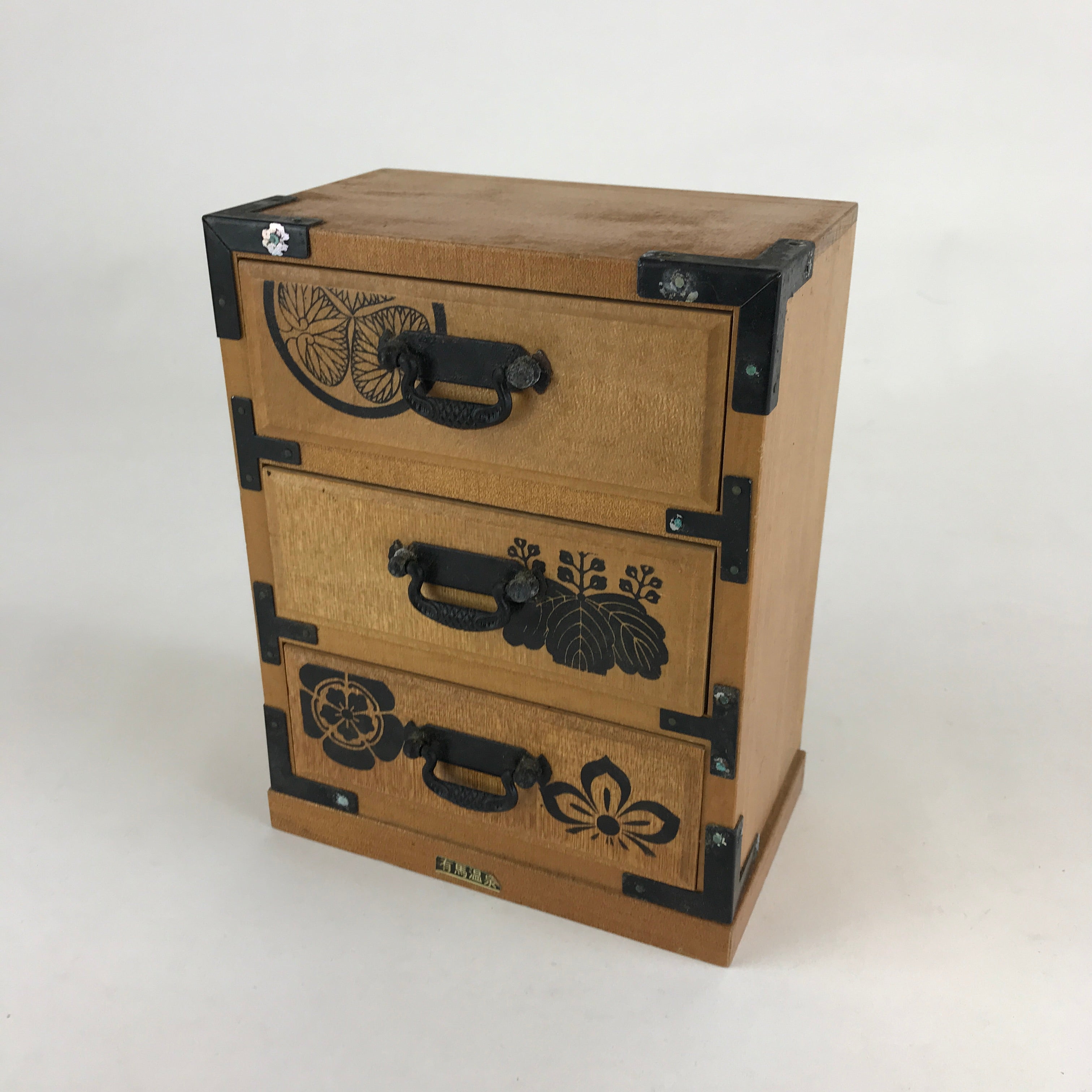 Japanese Wooden Sewing Box Haribako Vtg Tansu Chest 3 Drawers Family Crest T333