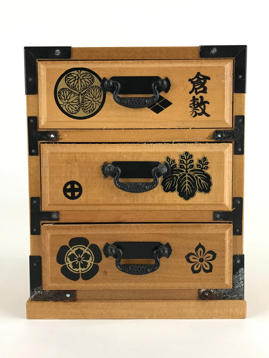 Japanese Wooden Sewing Box Haribako Vtg Tansu Chest 3 Drawers Family Crest T334