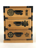 Japanese Wooden Sewing Box Haribako Vtg Tansu Chest 3 Drawers Family Crest T334