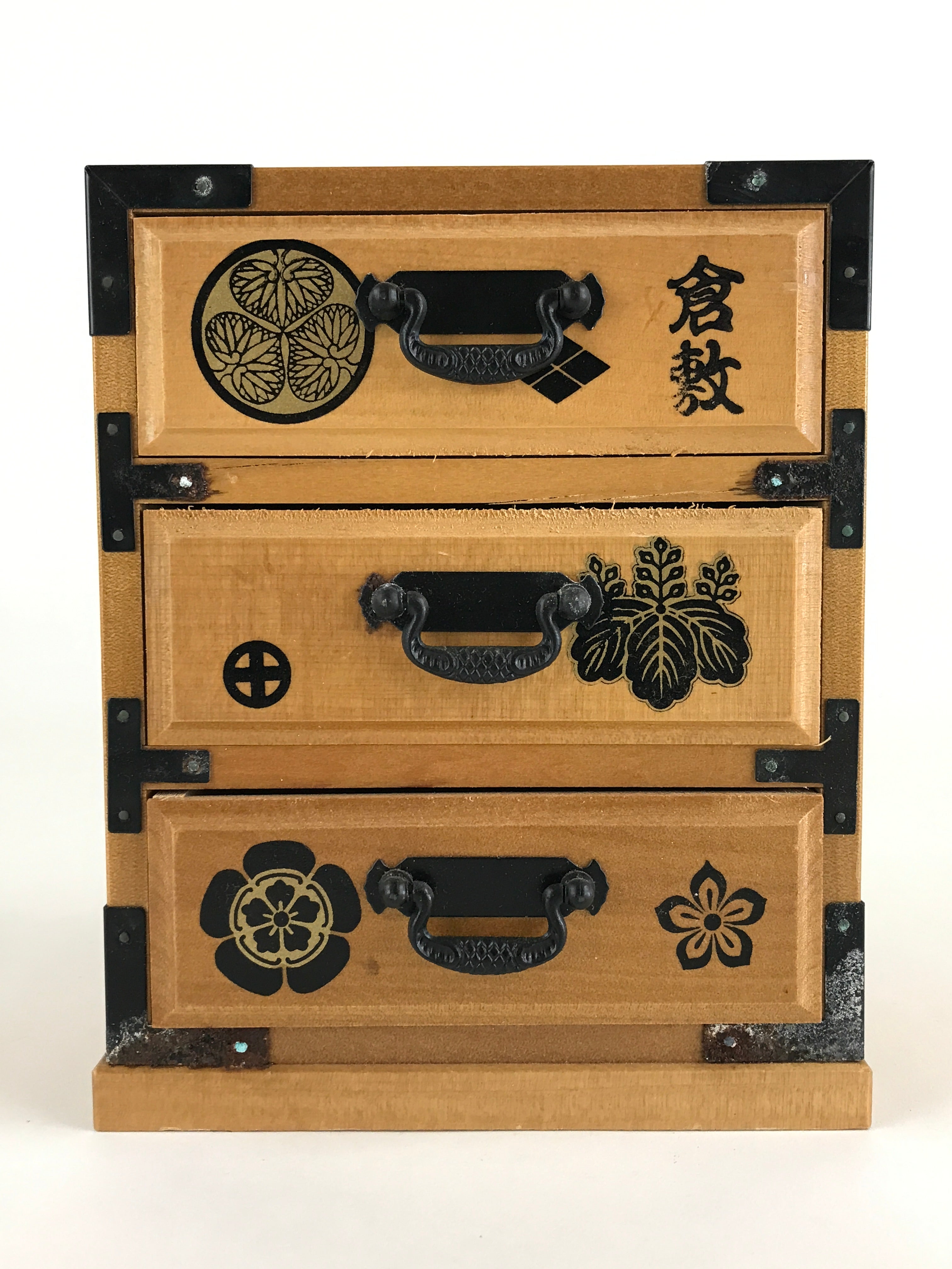 Japanese Wooden Sewing Box Haribako Vtg Tansu Chest 3 Drawers Family Crest T334