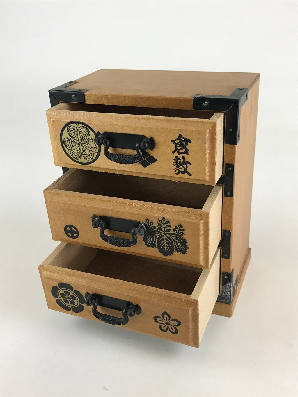 Japanese Wooden Sewing Box Haribako Vtg Tansu Chest 3 Drawers Family Crest T334