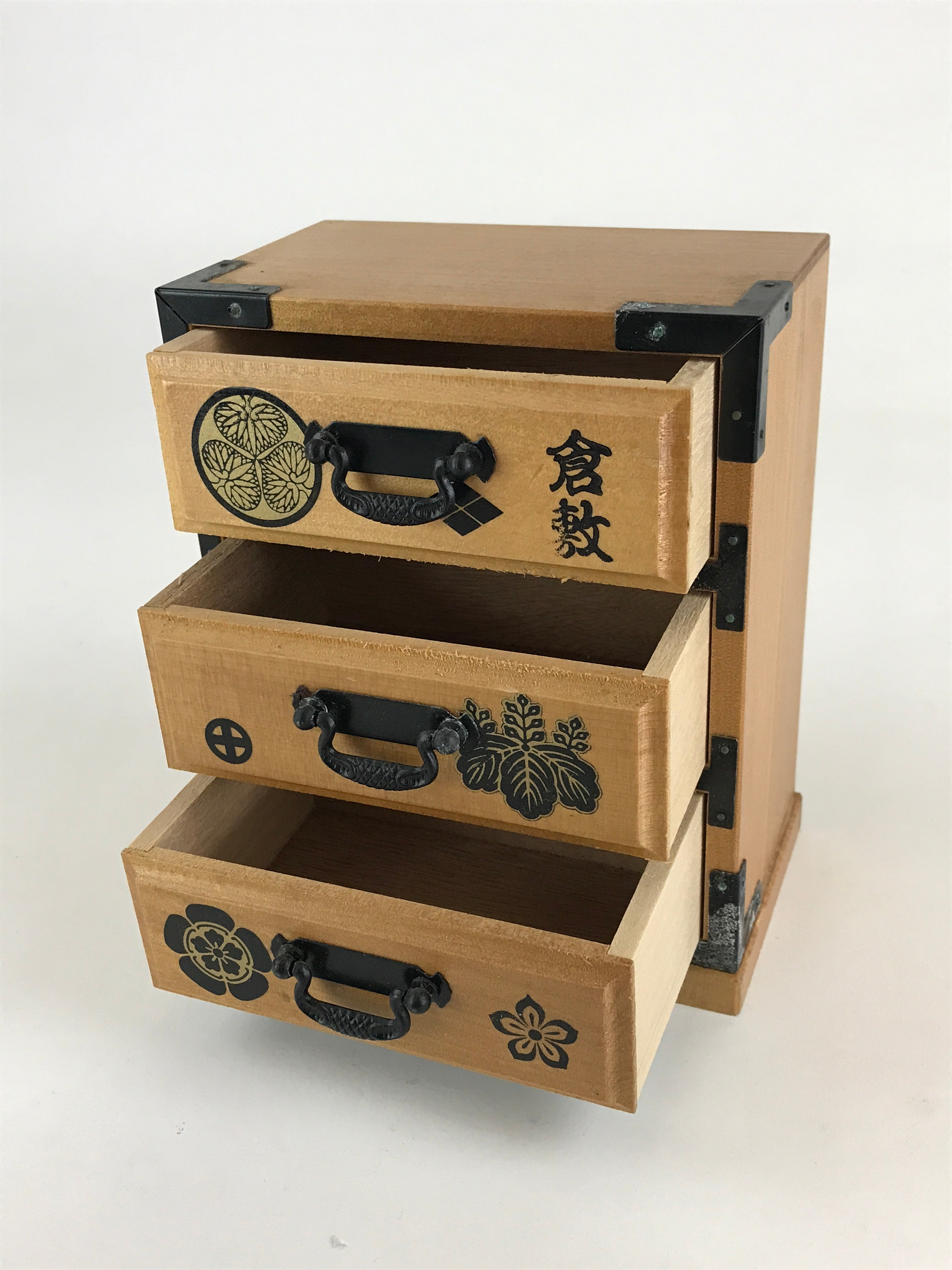 Japanese Wooden Sewing Box Haribako Vtg Tansu Chest 3 Drawers Family Crest T334