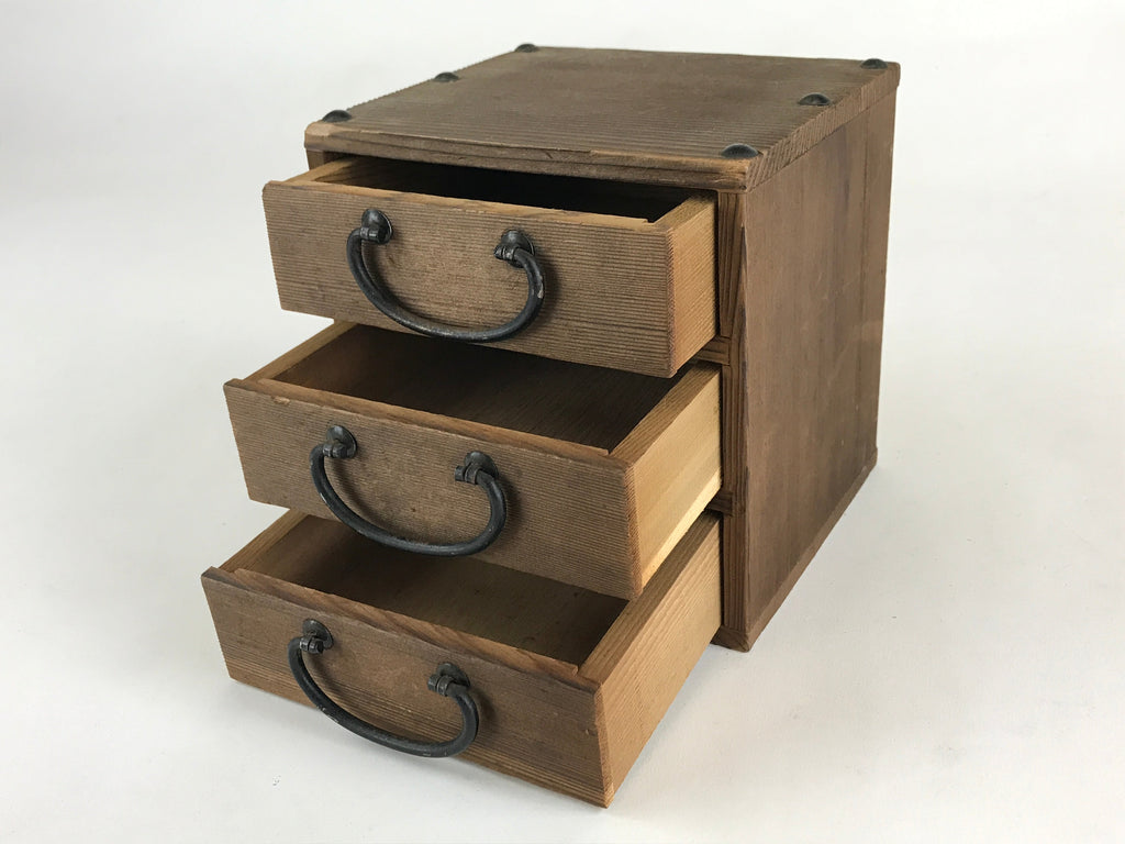 Japanese Wooden Sewing Box Haribako Vtg Tansu Chest 3 Drawers Trinket Box T337