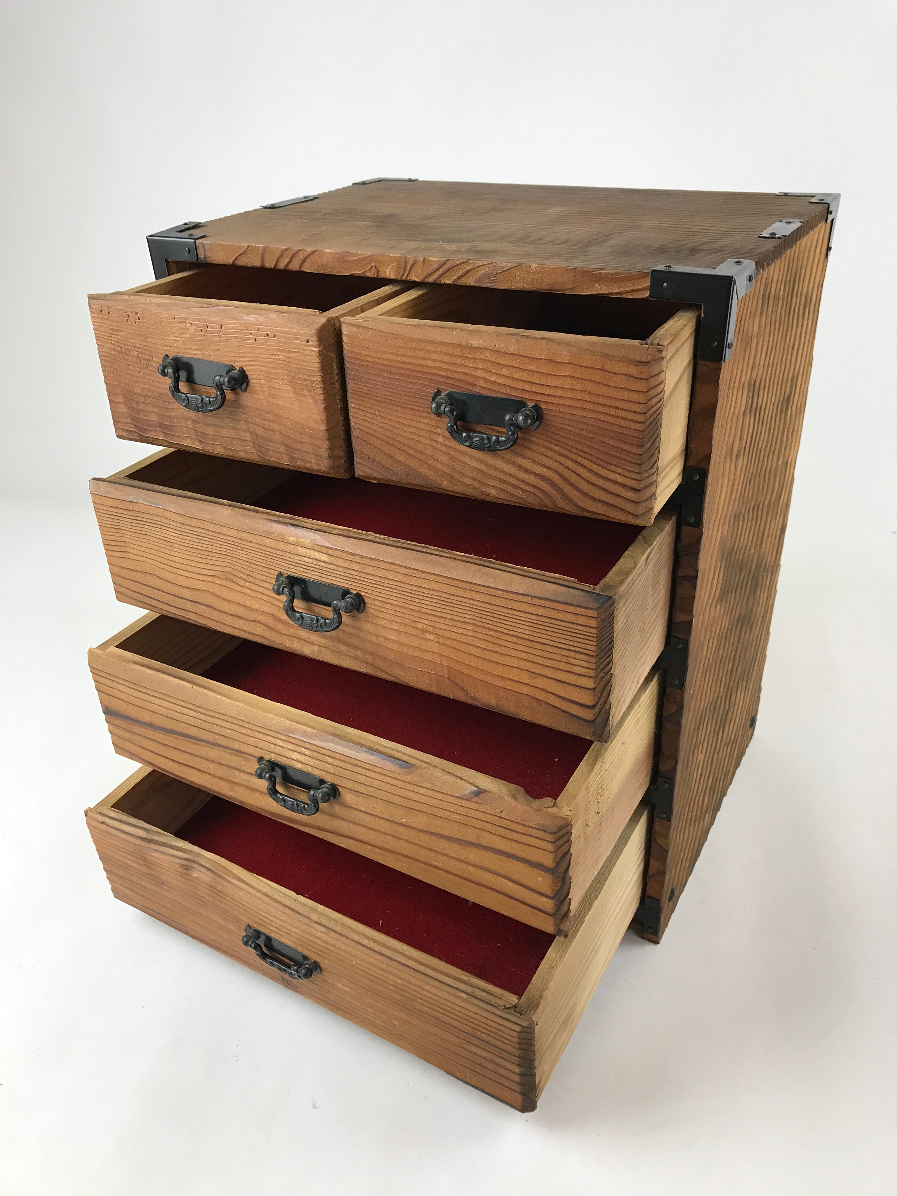 Japanese Wooden Sewing Box Haribako Vtg Tansu Chest 5 Drawers Brown T362