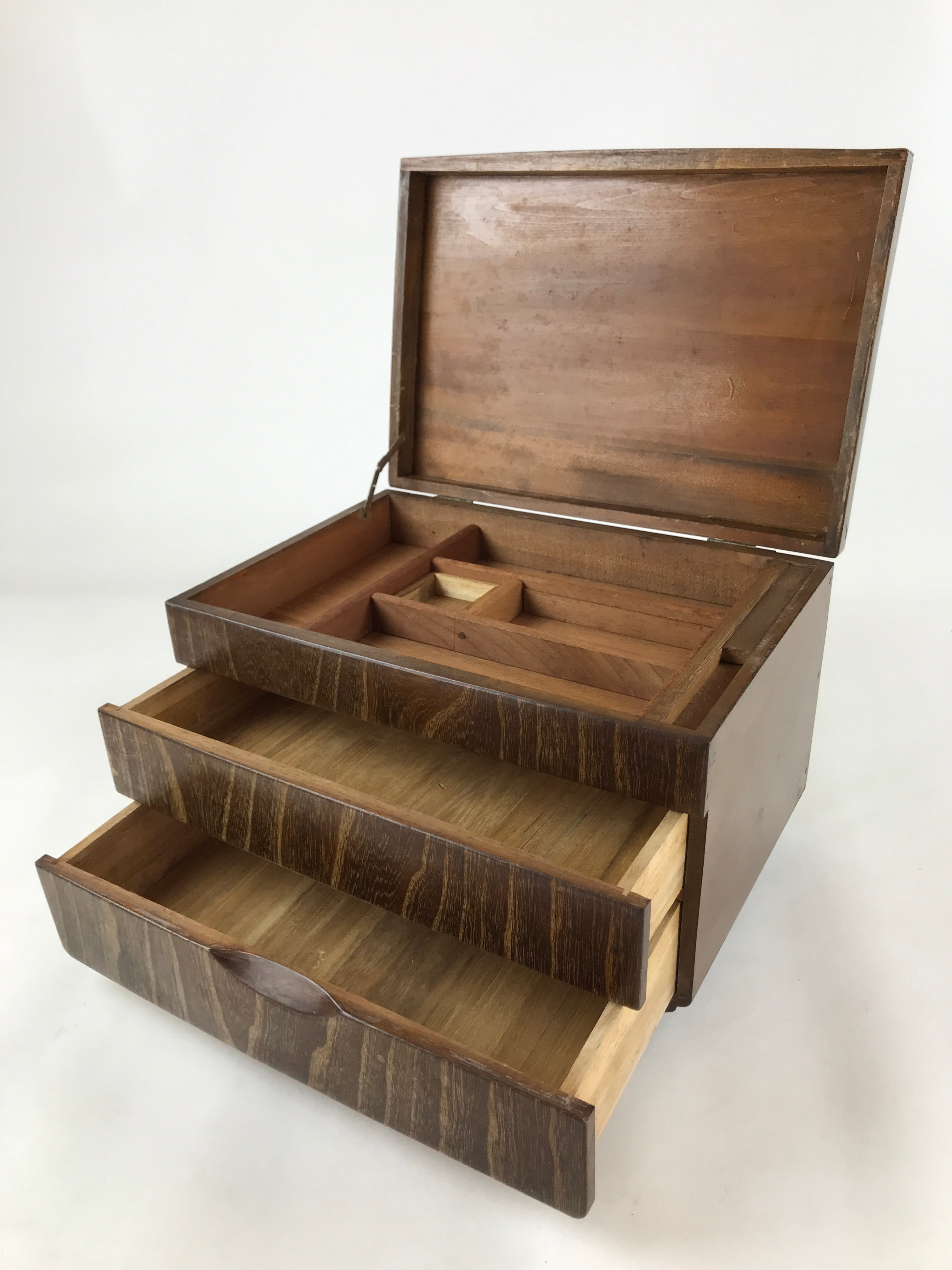 Japanese Wooden Sewing Box Vtg Haribako Lidded Tansu Chest 2 Drawers Brown T366