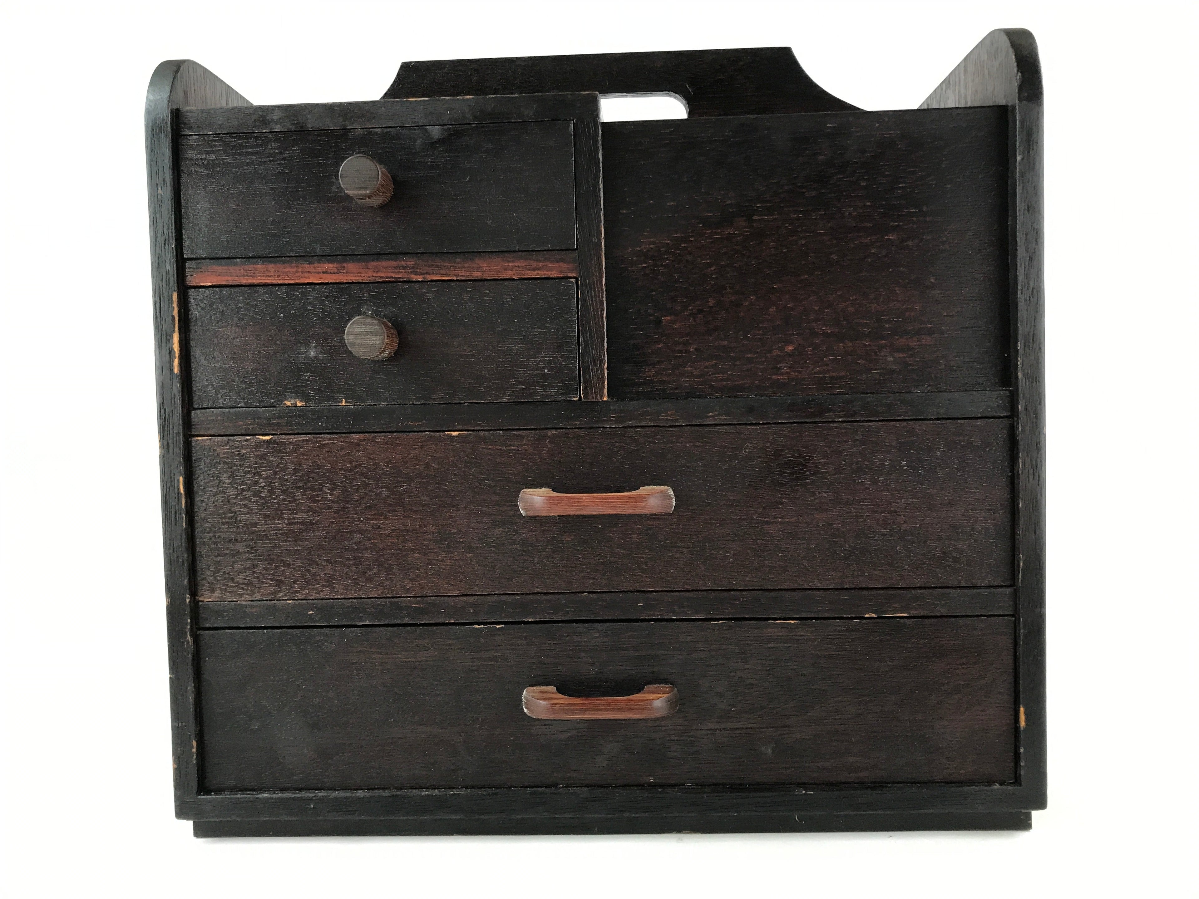 Japanese Wooden Sewing Box Vtg Haribako Unique Large Tansu Chest 4 Drawers T367