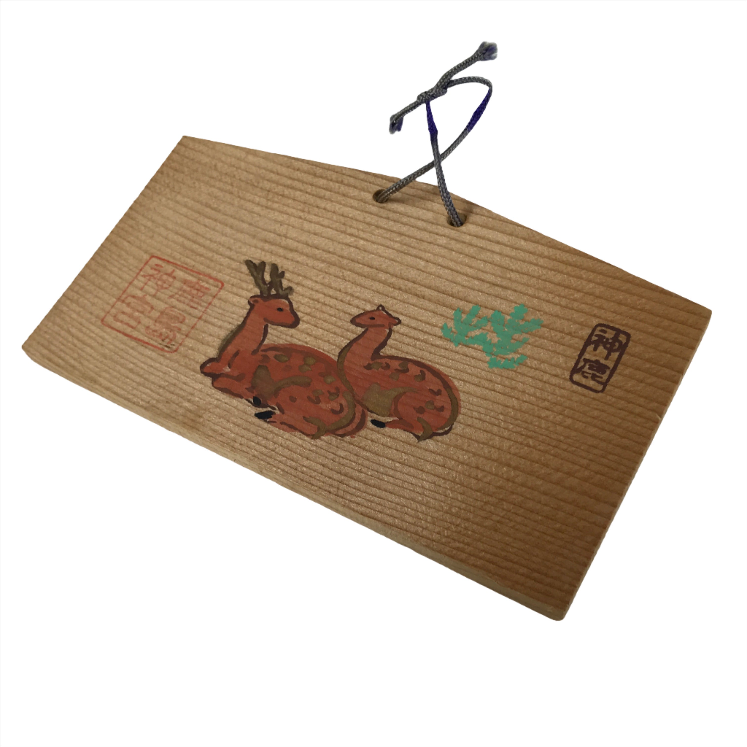 Japanese Wooden Shrine Plaque Ema Vtg 2 Deer Kashima Shrine Brown Green EM76