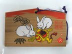Japanese Wooden Shrine Plaque Ema Vtg 2 Rabbits Lucky Mallet Flowers EM66