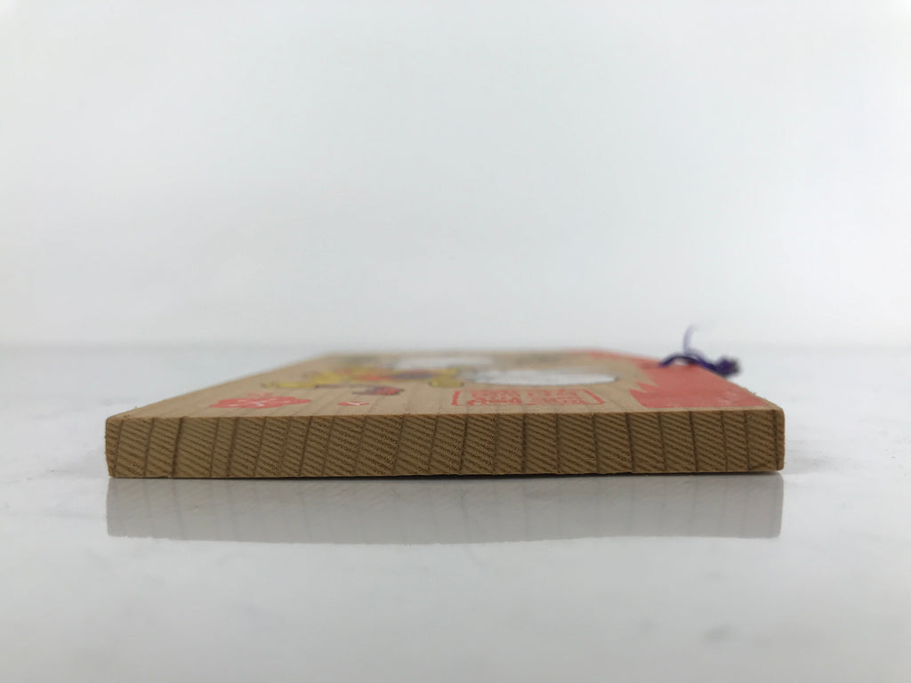Japanese Wooden Shrine Plaque Ema Vtg 2 Rabbits Lucky Mallet Flowers EM66