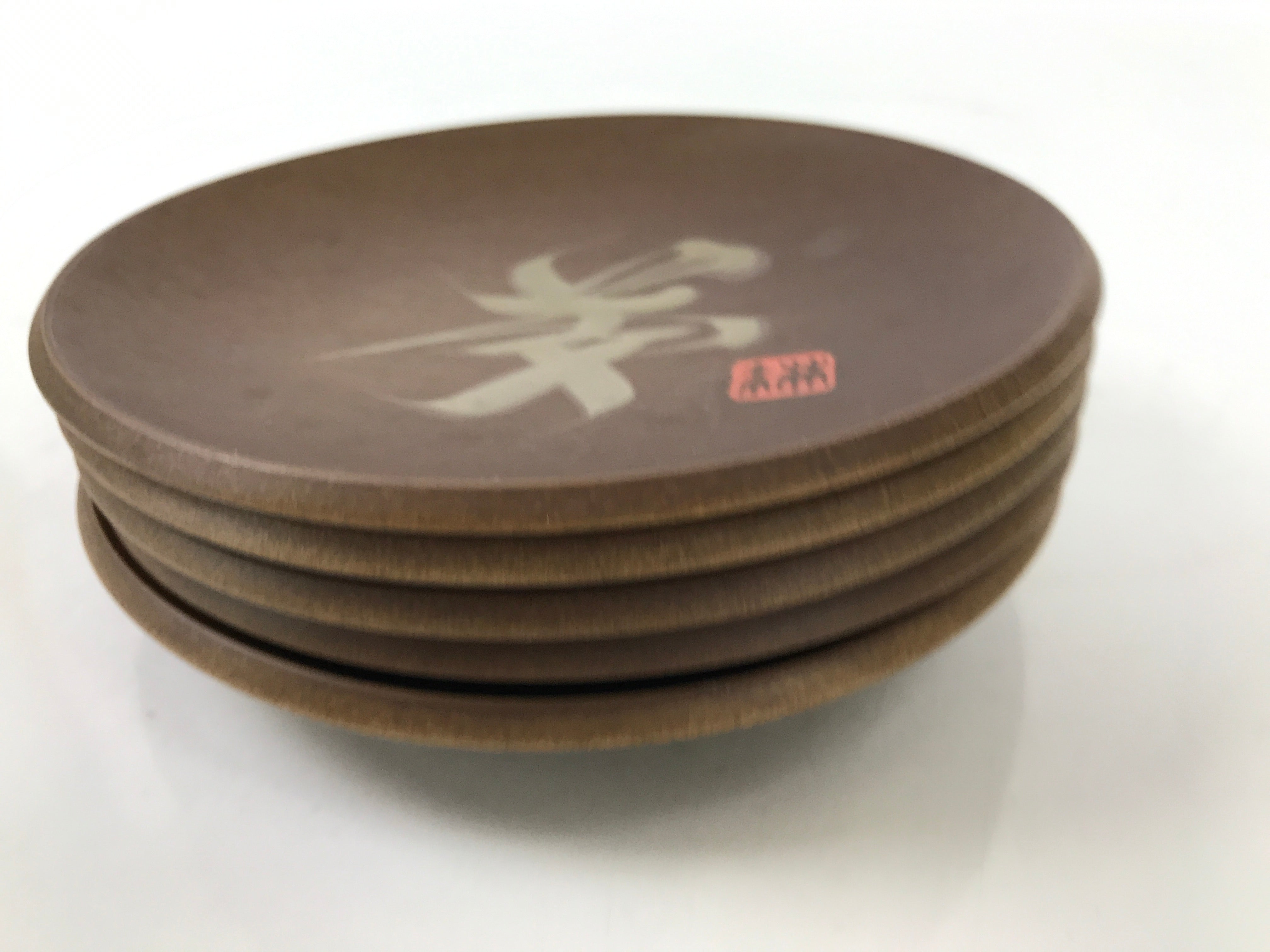 Japanese Wooden Small Plate Set Vtg Meimeizara Calligraphy Kanji 5pc Brown L376