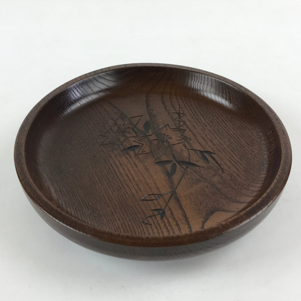 Japanese Wooden Snack Bowl Vtg Kashiki Dark Brown Round Azalea Flower UR894