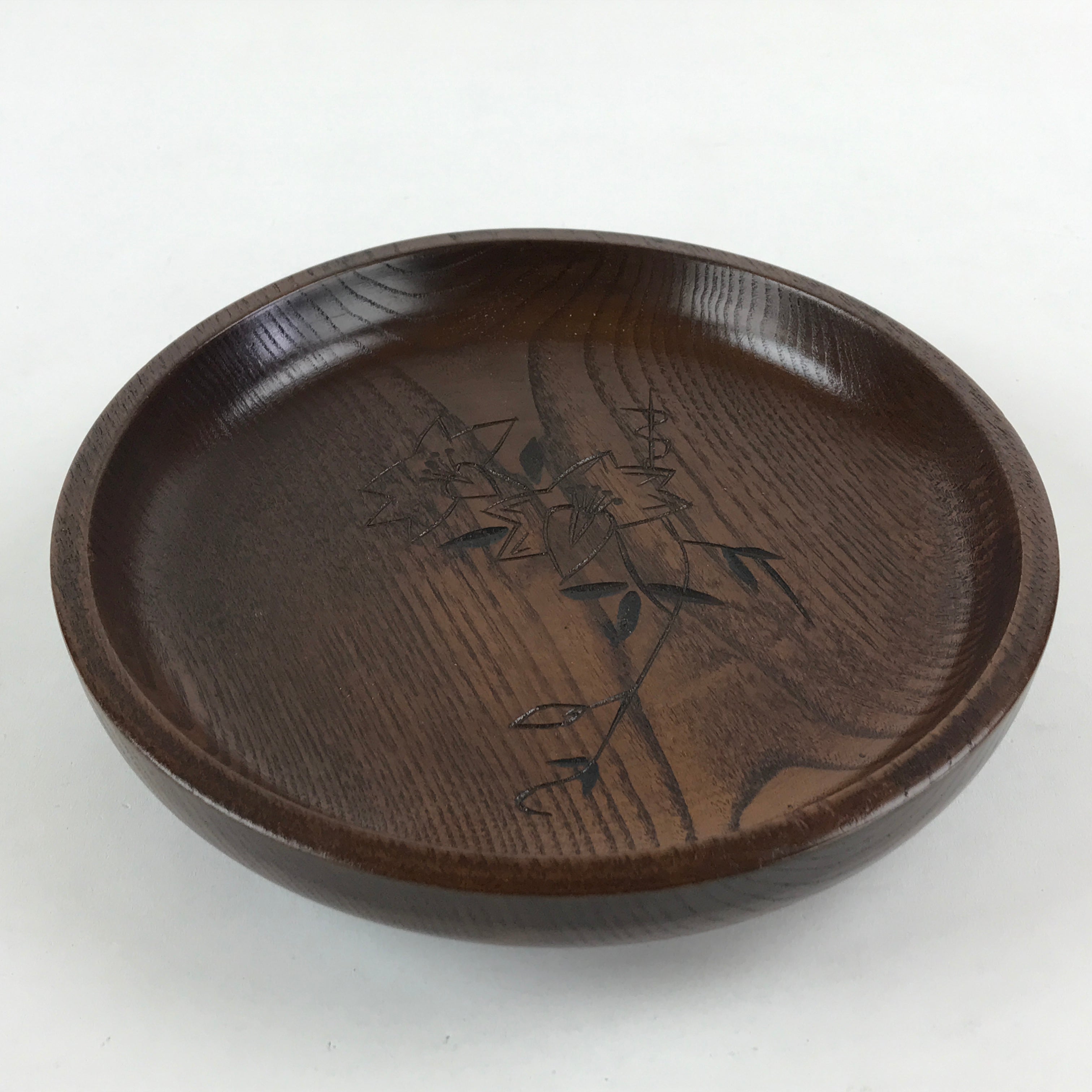 Japanese Wooden Snack Bowl Vtg Kashiki Dark Brown Round Azalea Flower UR894