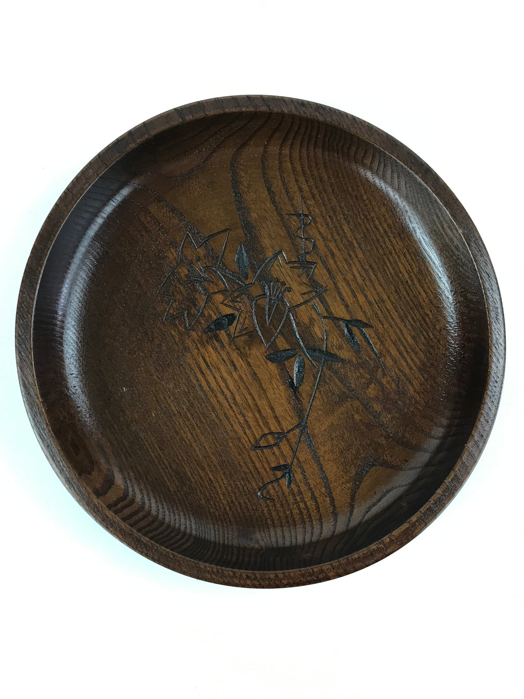 Japanese Wooden Snack Bowl Vtg Kashiki Dark Brown Round Azalea Flower UR894