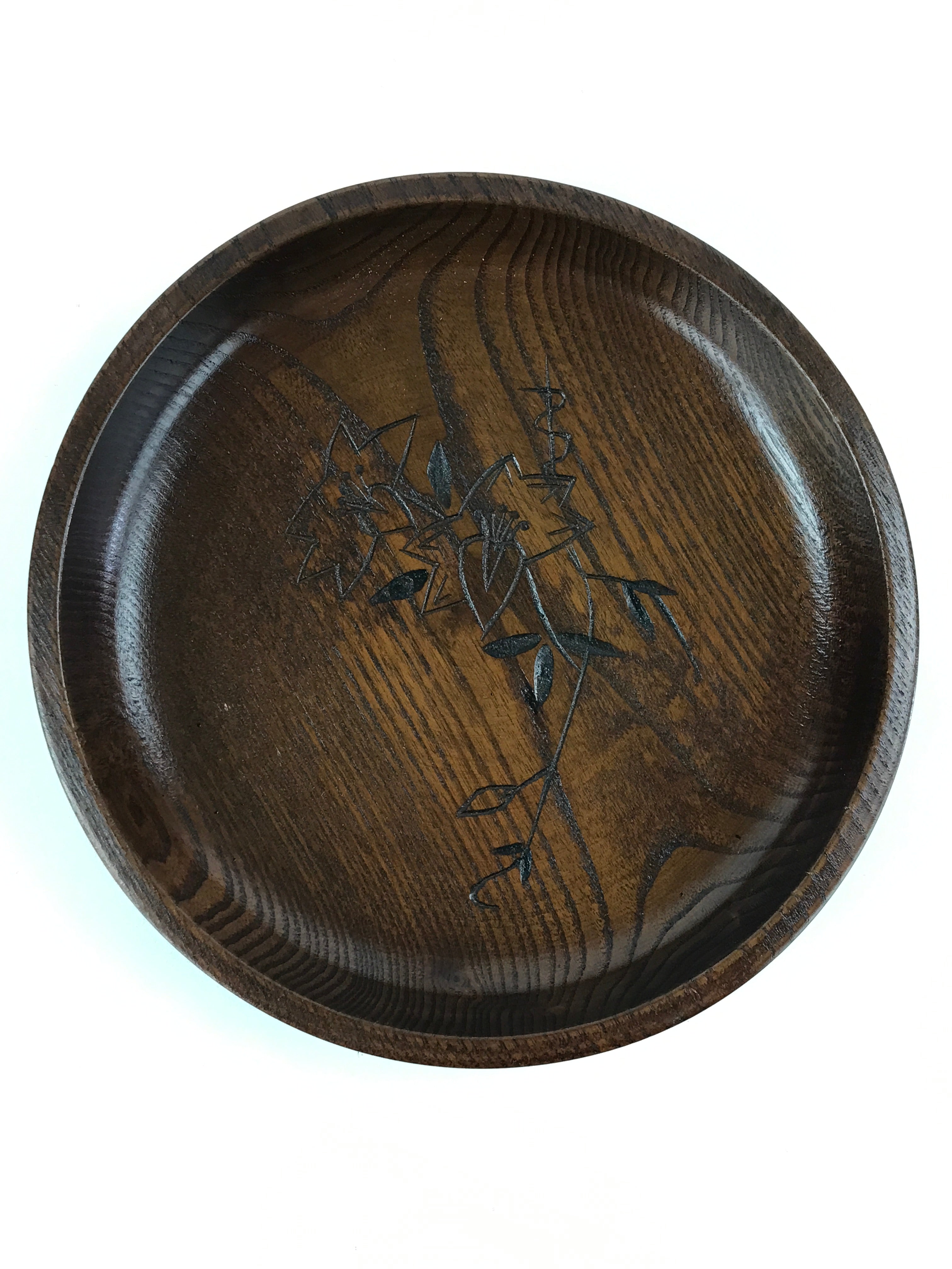 Japanese Wooden Snack Bowl Vtg Kashiki Dark Brown Round Azalea Flower UR894