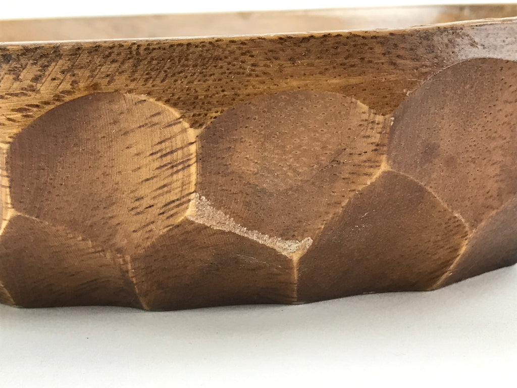 Japanese Wooden Snack Bowl Vtg Serving Kashiki Brown Oval Carved Design UR896