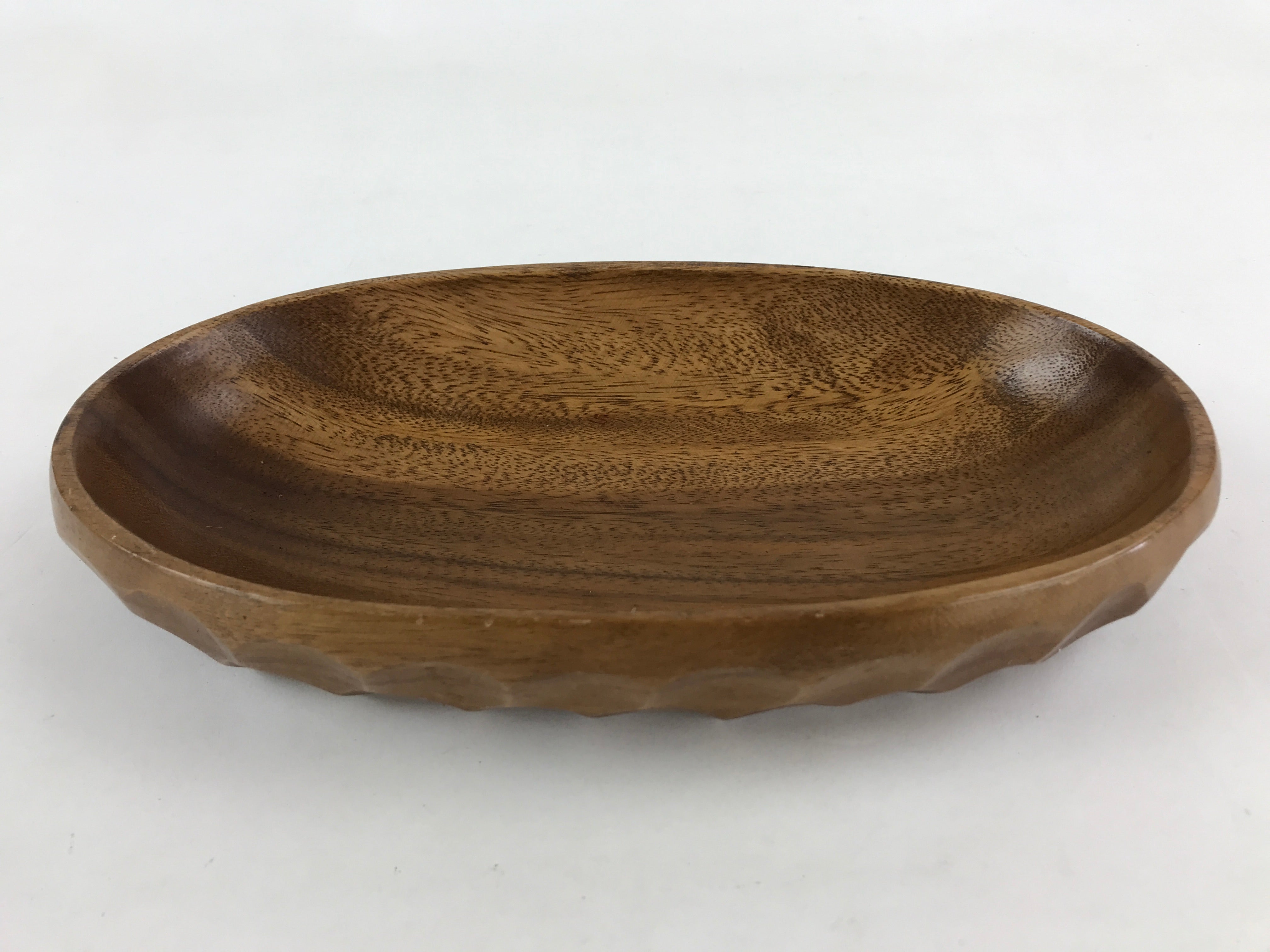 Japanese Wooden Snack Bowl Vtg Serving Kashiki Brown Oval Carved Design UR896