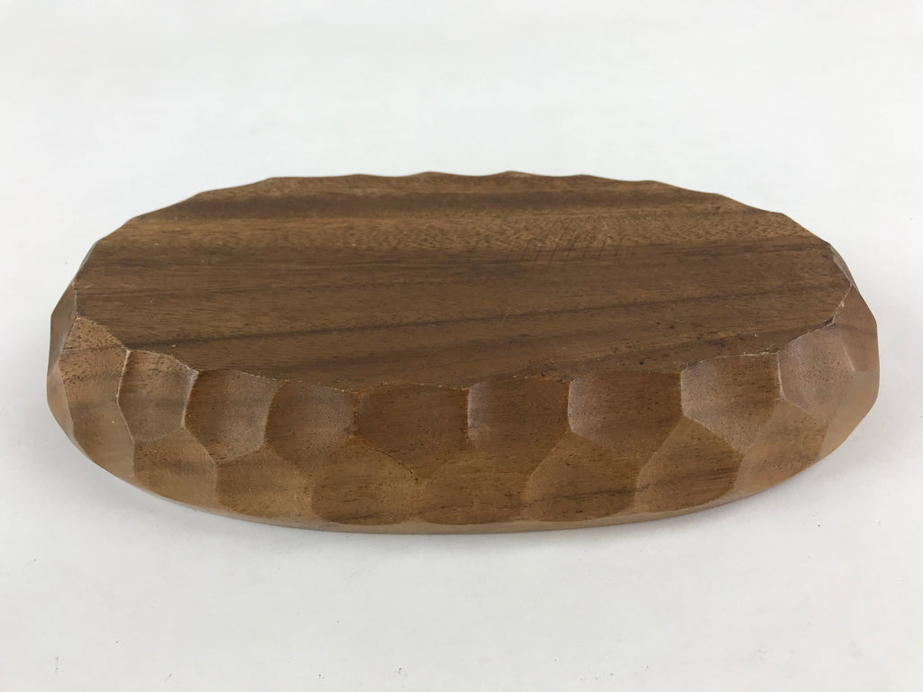Japanese Wooden Snack Bowl Vtg Serving Kashiki Brown Oval Carved Design UR896