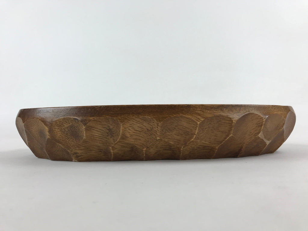 Japanese Wooden Snack Bowl Vtg Serving Kashiki Brown Oval Carved Design UR896