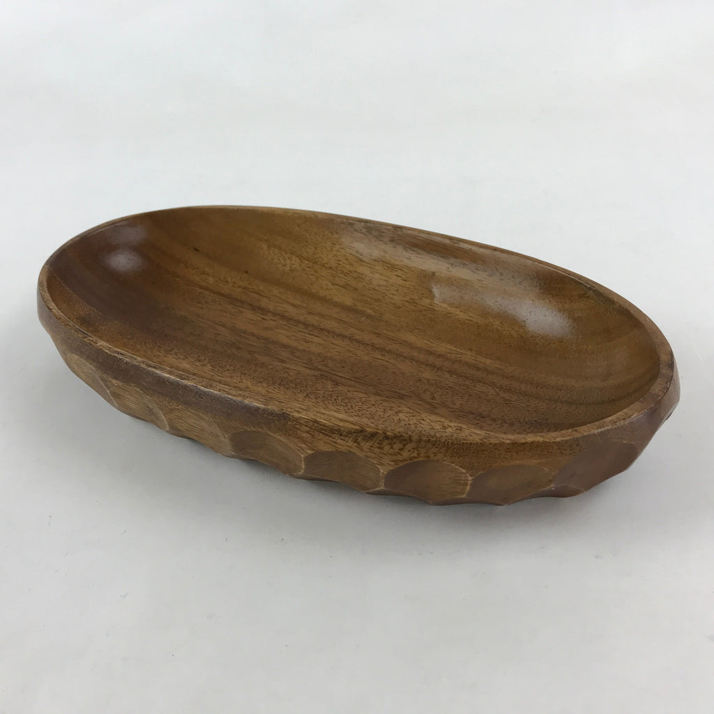 Japanese Wooden Snack Bowl Vtg Serving Kashiki Brown Oval Carved Design UR896